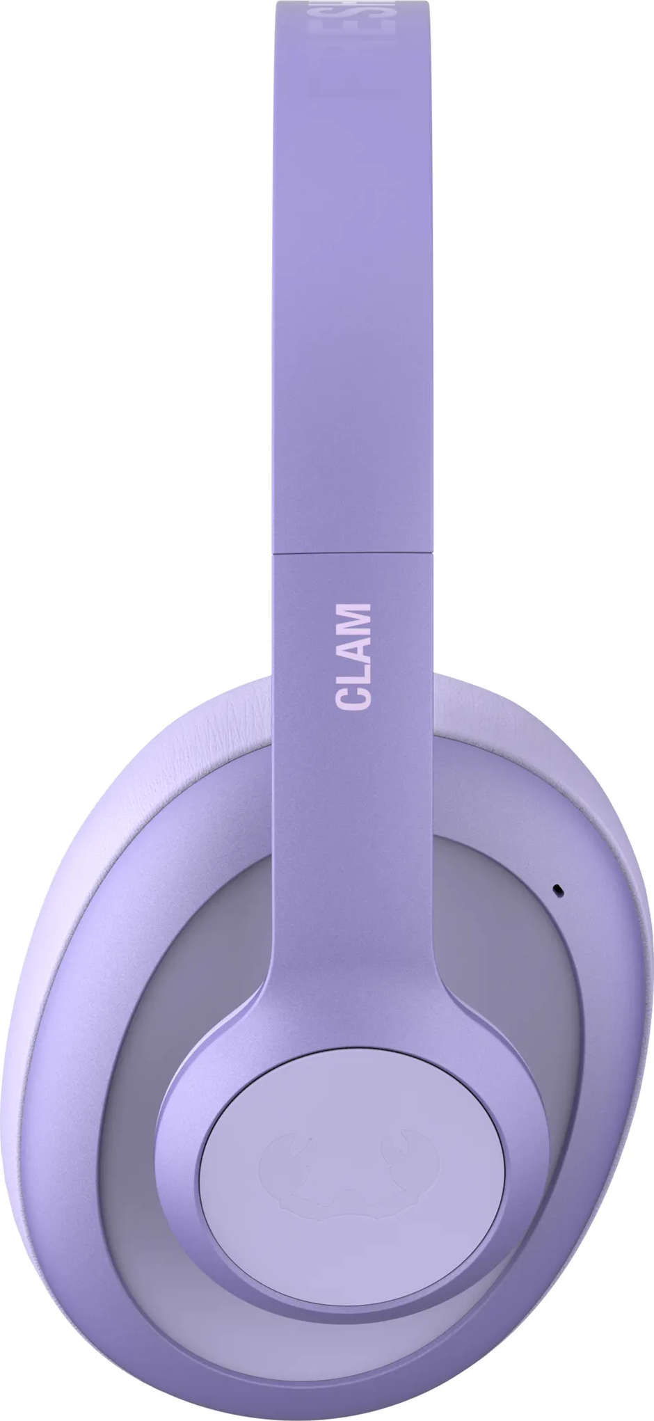 Casque violet avec le mot CLAM sur l'arceau. Coussinets blancs.