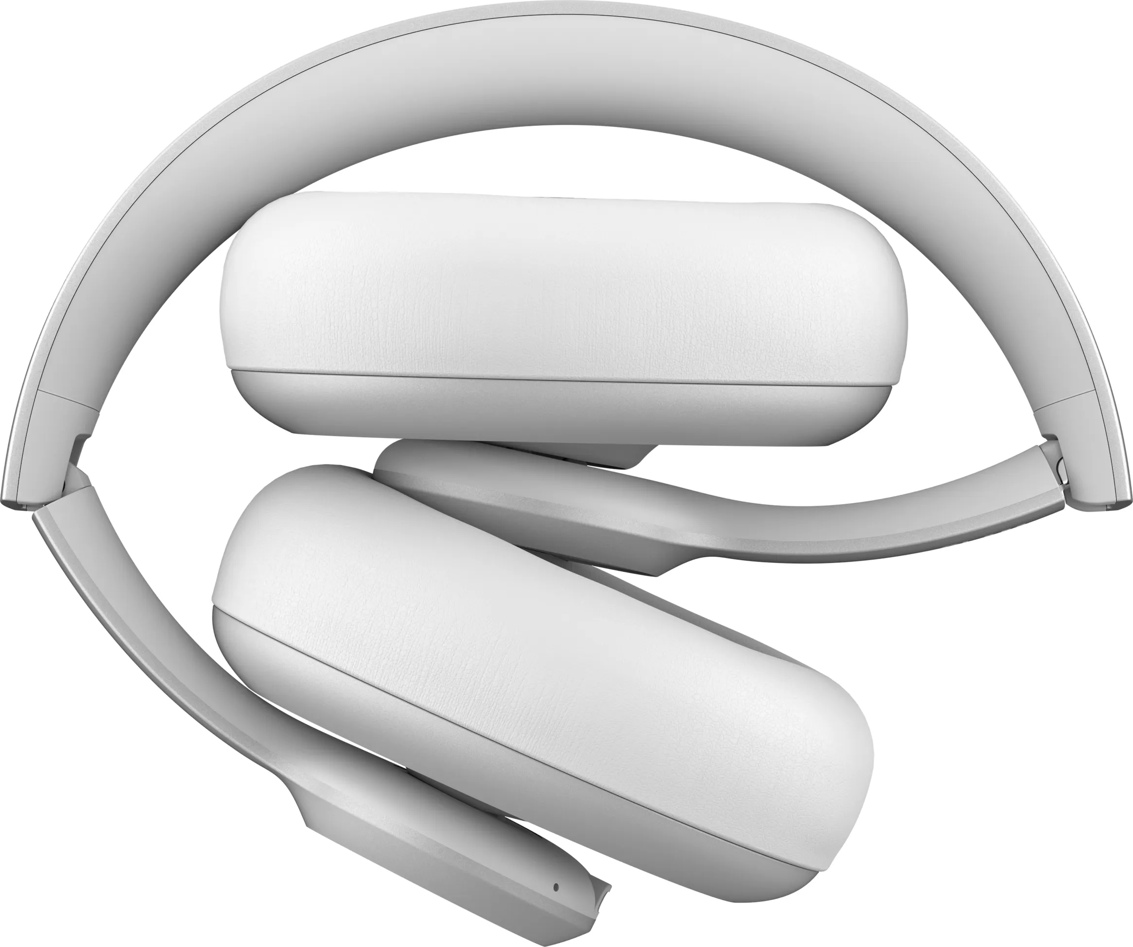Casque blanc plié, montrant les écouteurs et l'arceau. Fond blanc.
