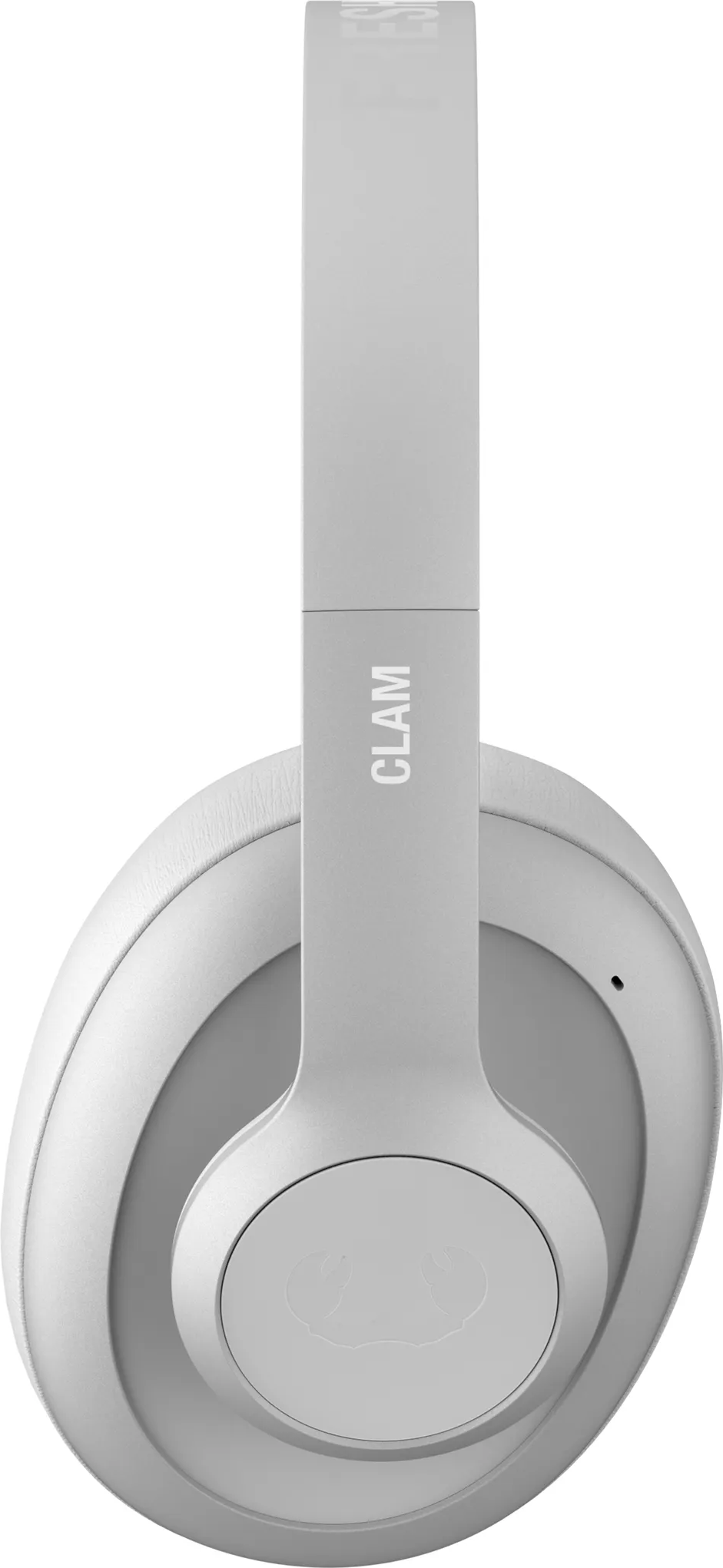 Casque circum-auriculaire gris, avec le mot "CLAM" imprimé sur l'arceau.