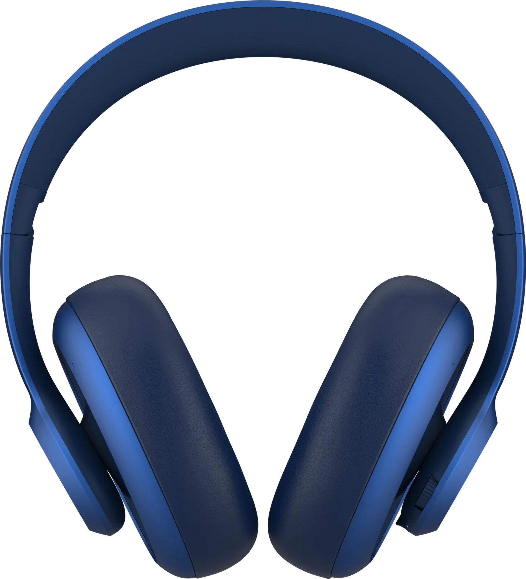 Casque bleu avec un arceau et des oreillettes, orienté vers le spectateur.