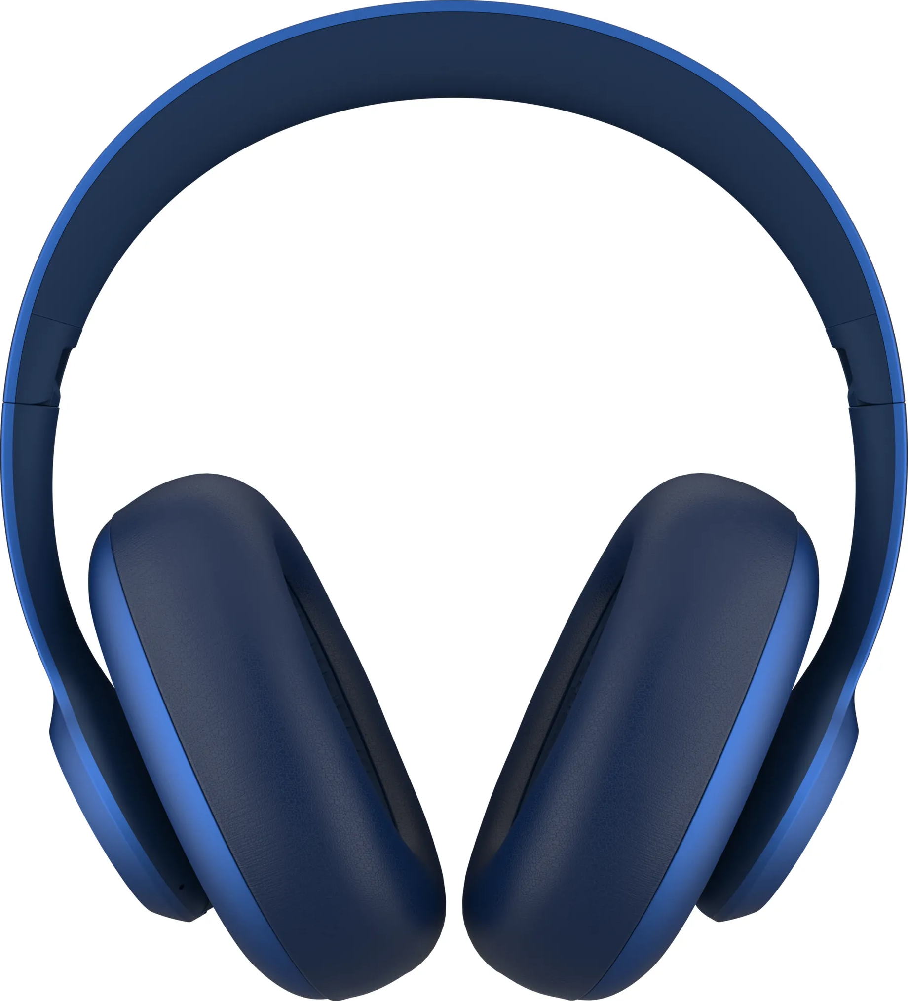 Casque bleu, vue de dessus, montrant les oreillettes et l'arceau sur fond blanc.