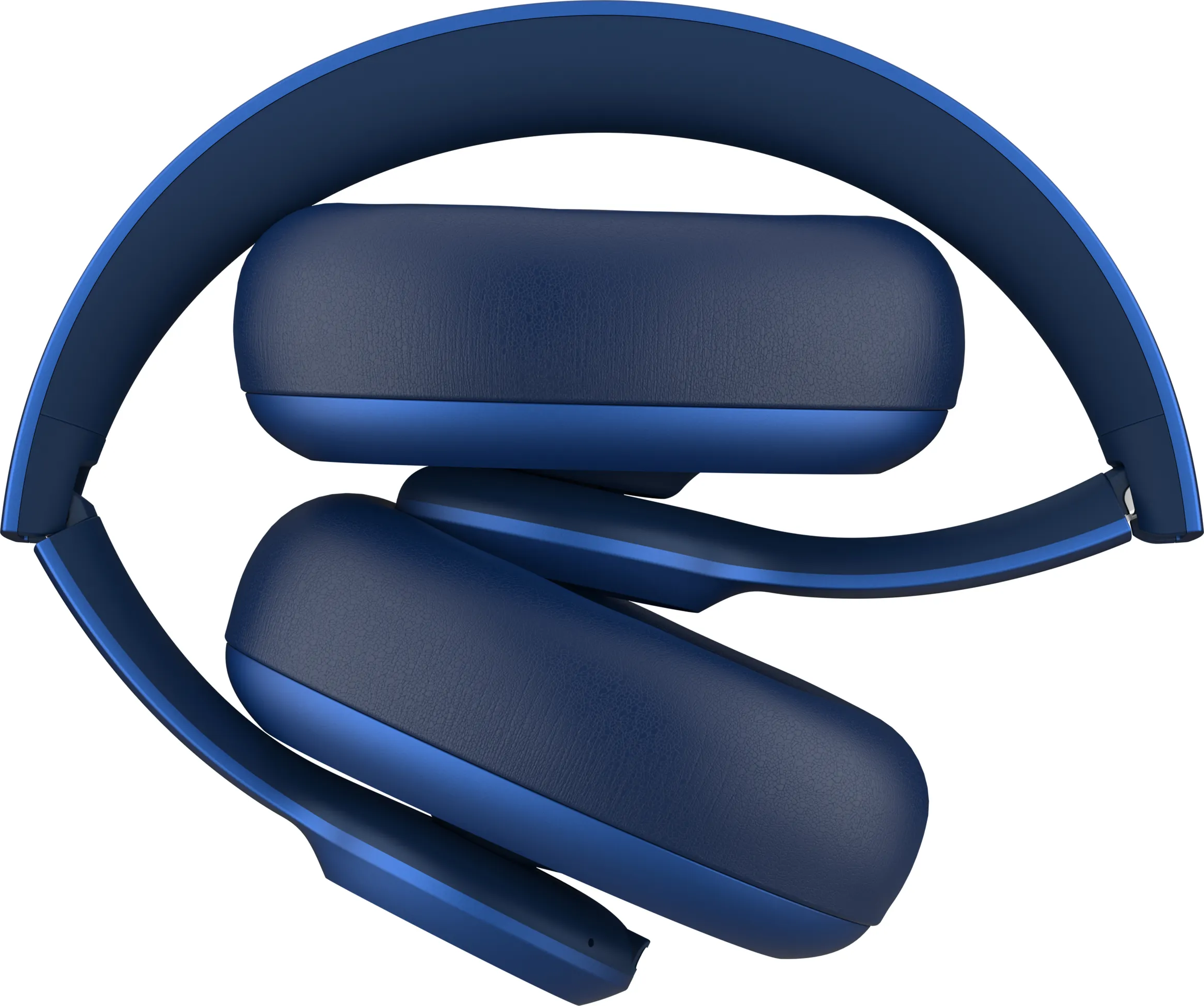 Casque bleu plié. Vue de dessus. Écouteurs et bandeau visibles.