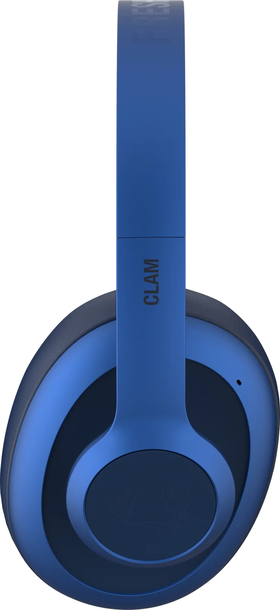 Casque bleu avec 'CLAM' sur le bandeau et un écouteur bleu.