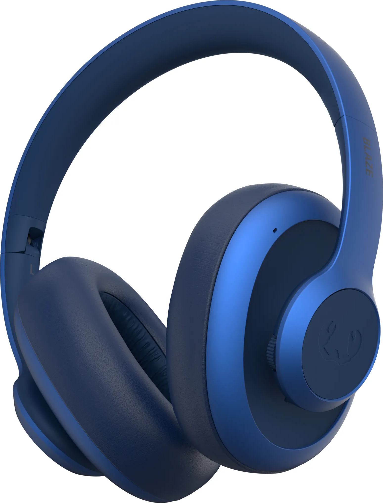 Casque bleu avec arceau et écouteurs. Les écouteurs et l'arceau sont visibles.