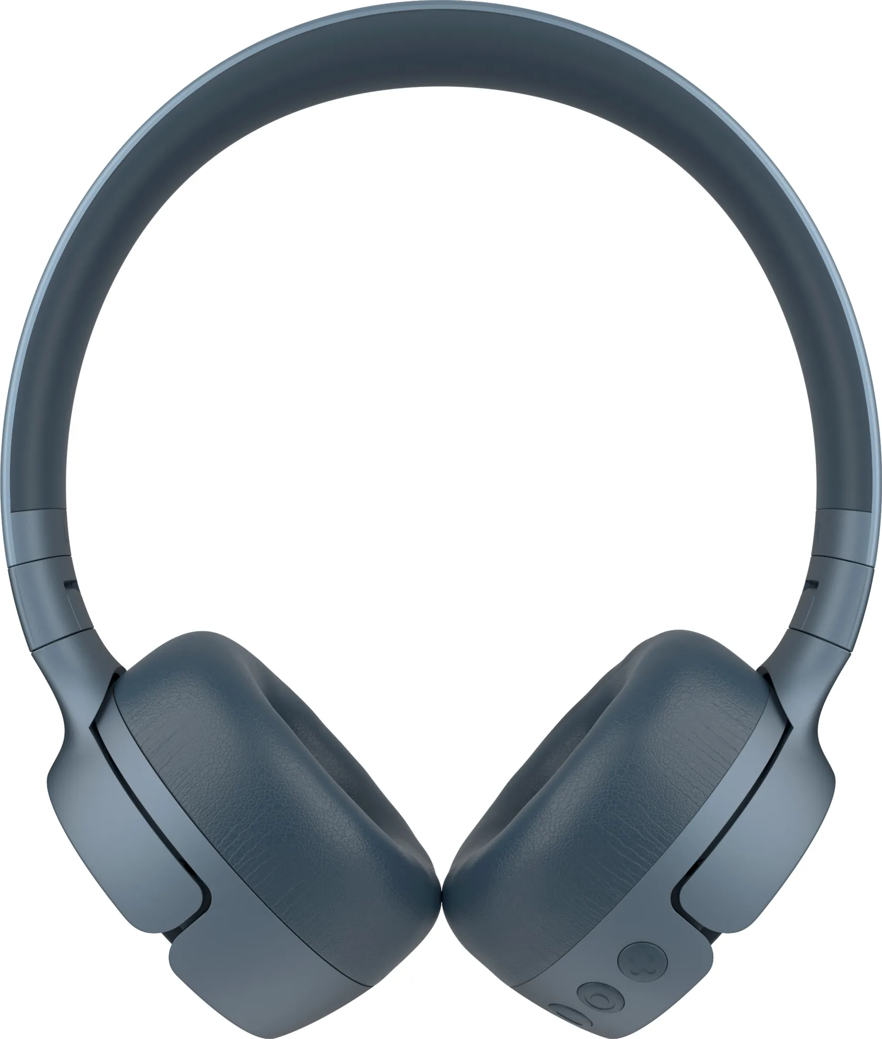 Cuffie blu over-ear, vista dall'alto, con padiglioni imbottiti e fascia.