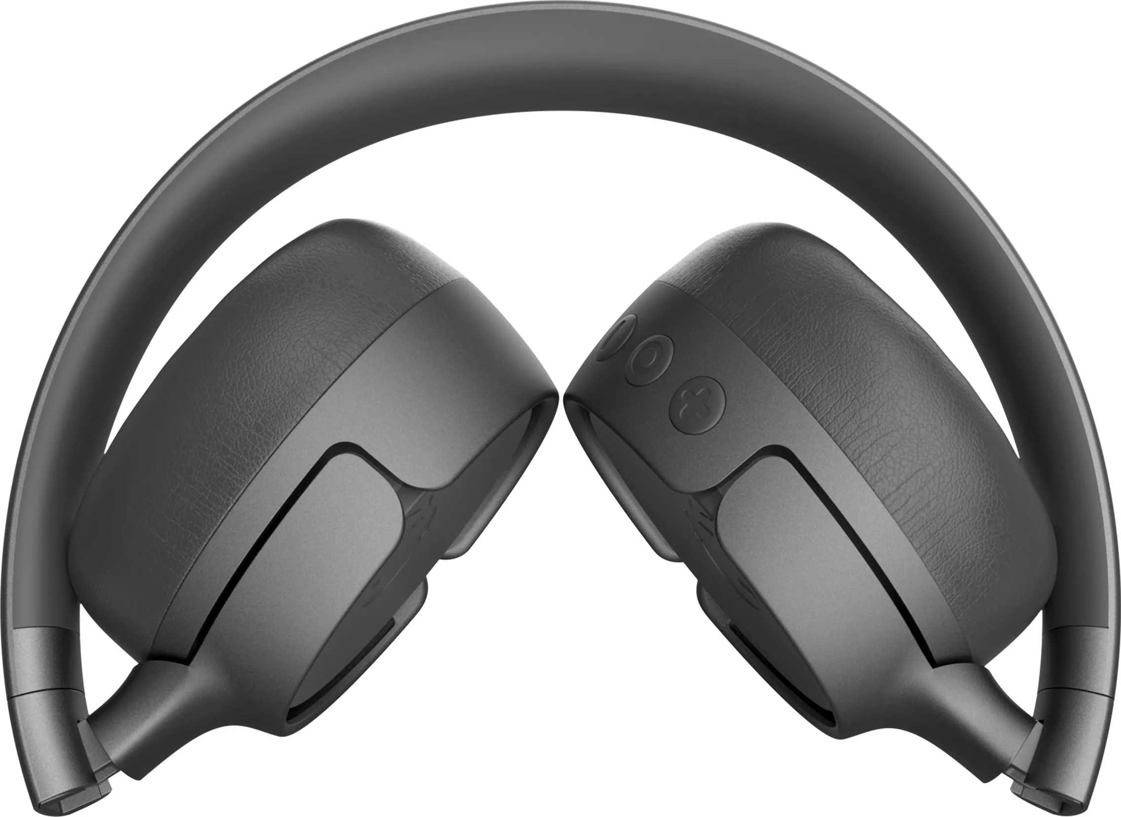 Casque noir, plié, montrant les écouteurs et le bandeau. Trois boutons sont visibles.