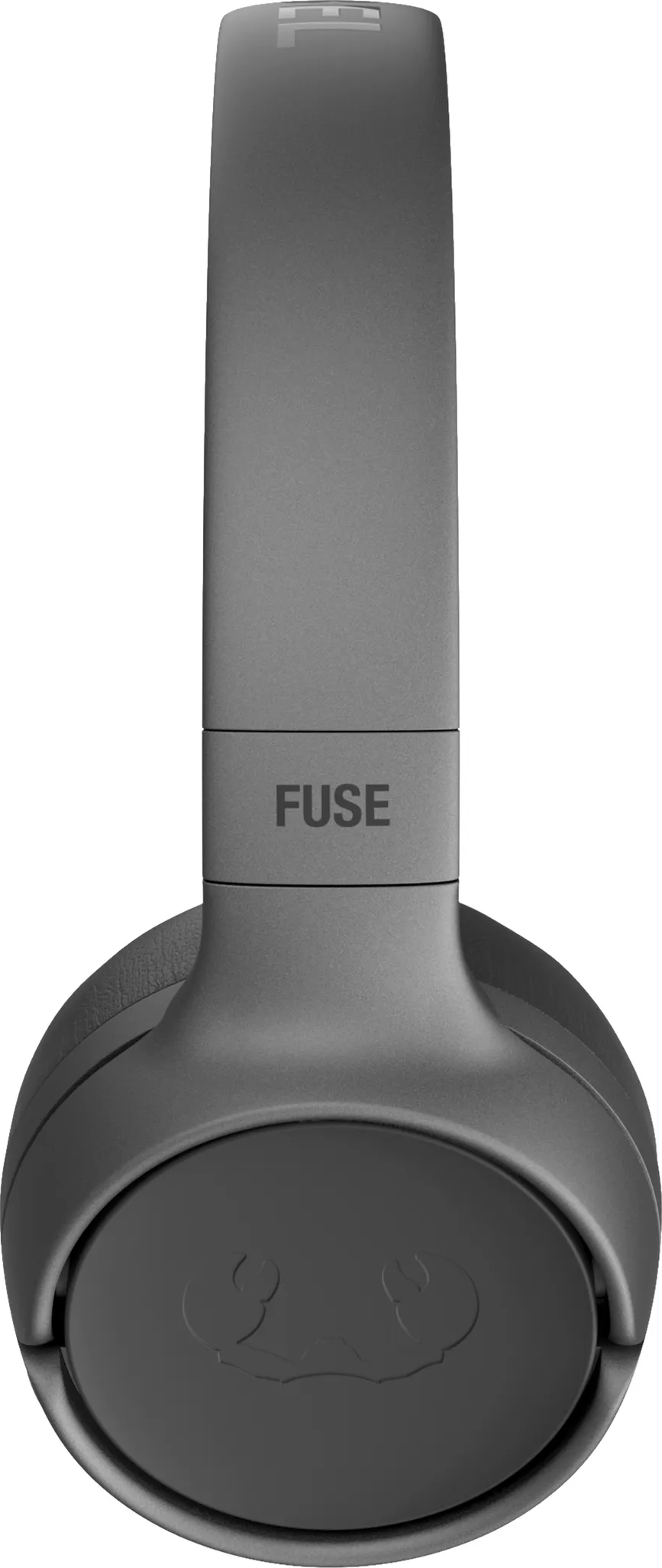 Casque gris avec le mot FUSE en haut et un logo sur l'écouteur.
