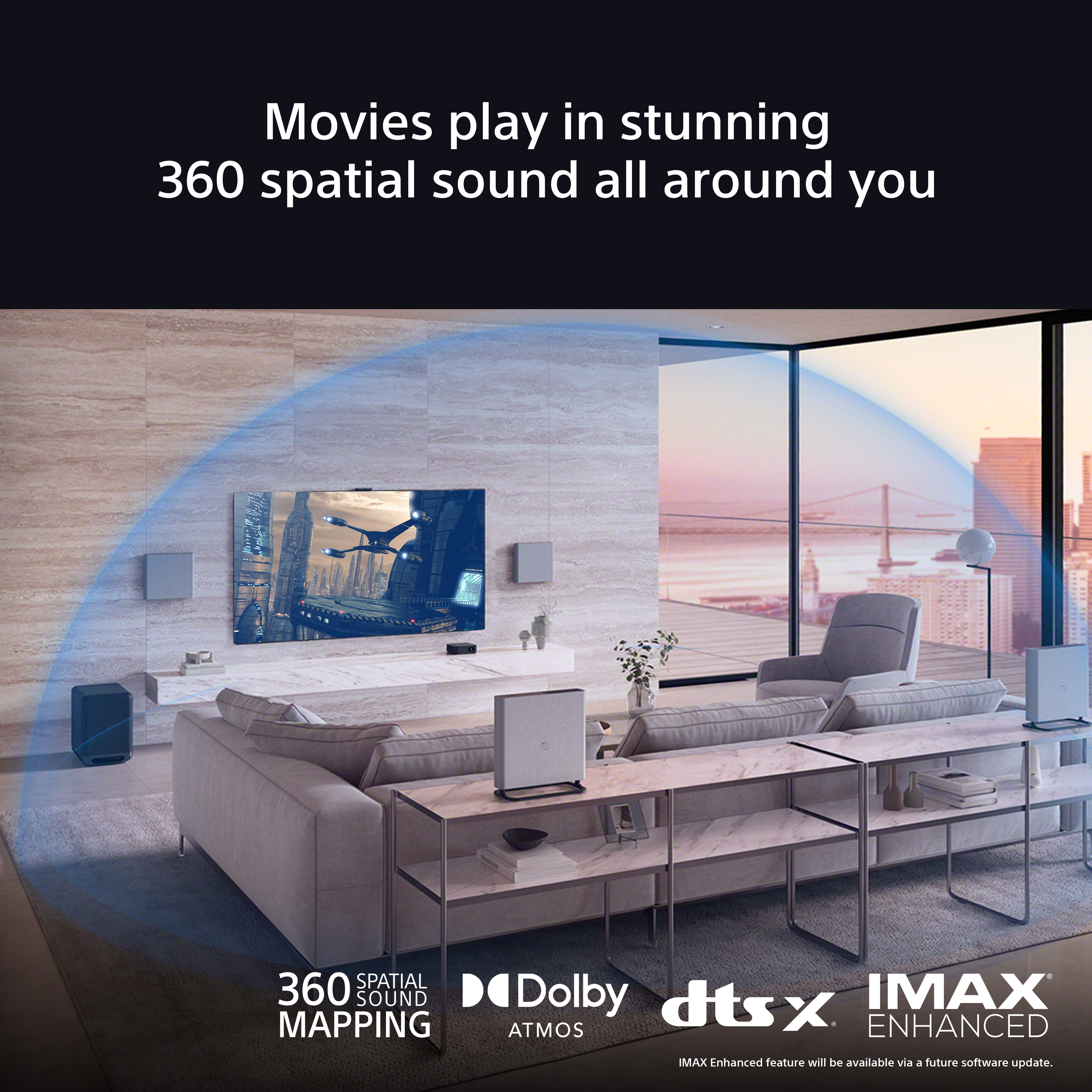 Wohnzimmer mit TV und Lautsprechern, die 360° Raumklang zeigen.
