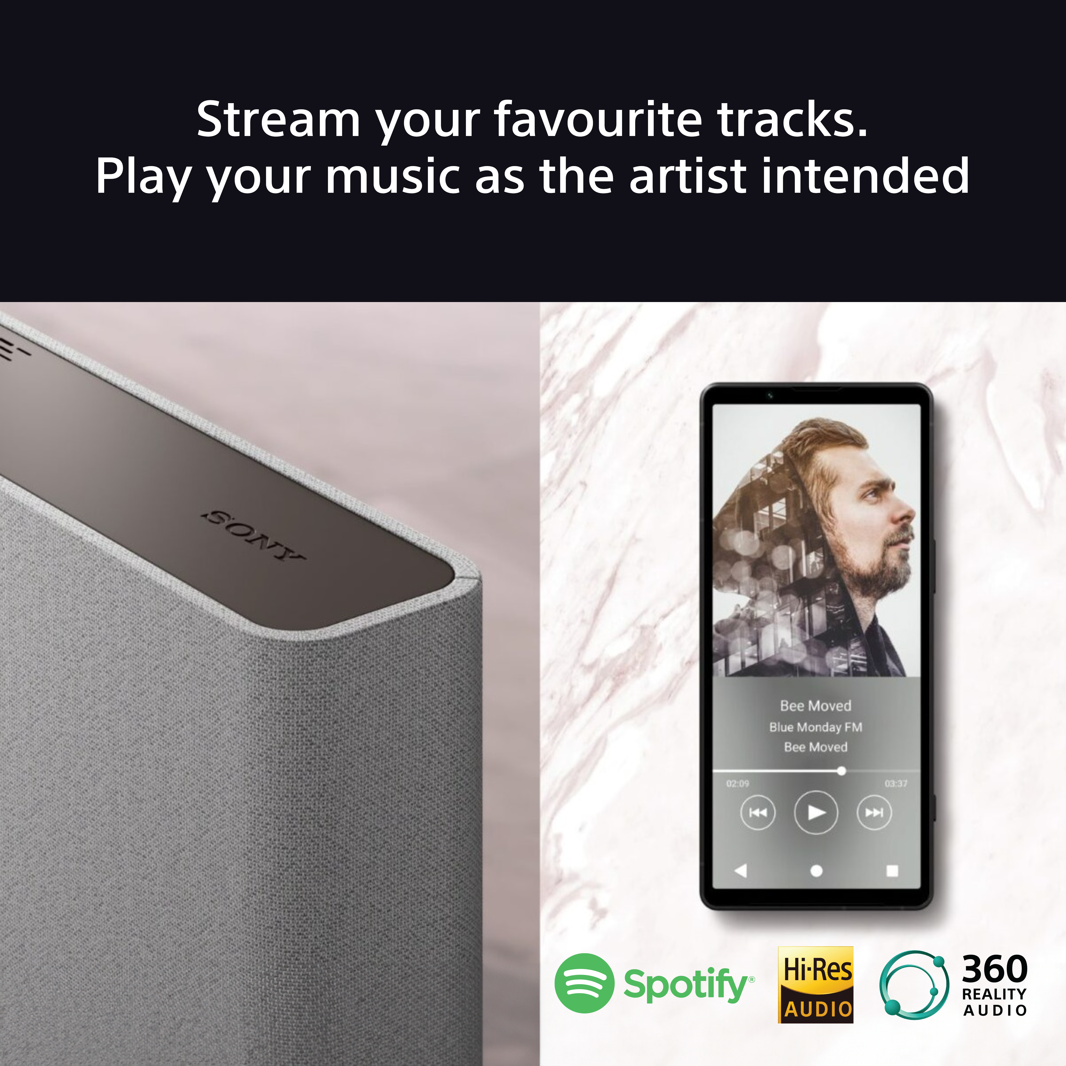 Ein Lautsprecher und ein Smartphone, das die Musikwiedergabeschnittstelle zeigt.