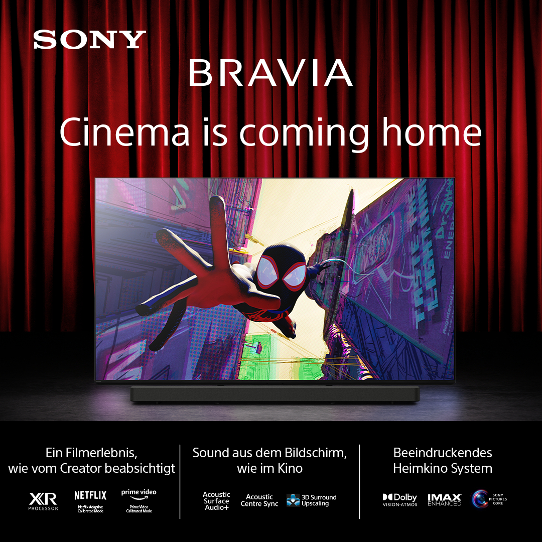 Sony Bravia TV mit Spider-Man-Bild. Text sagt 'Kino kommt nach Hause'.
