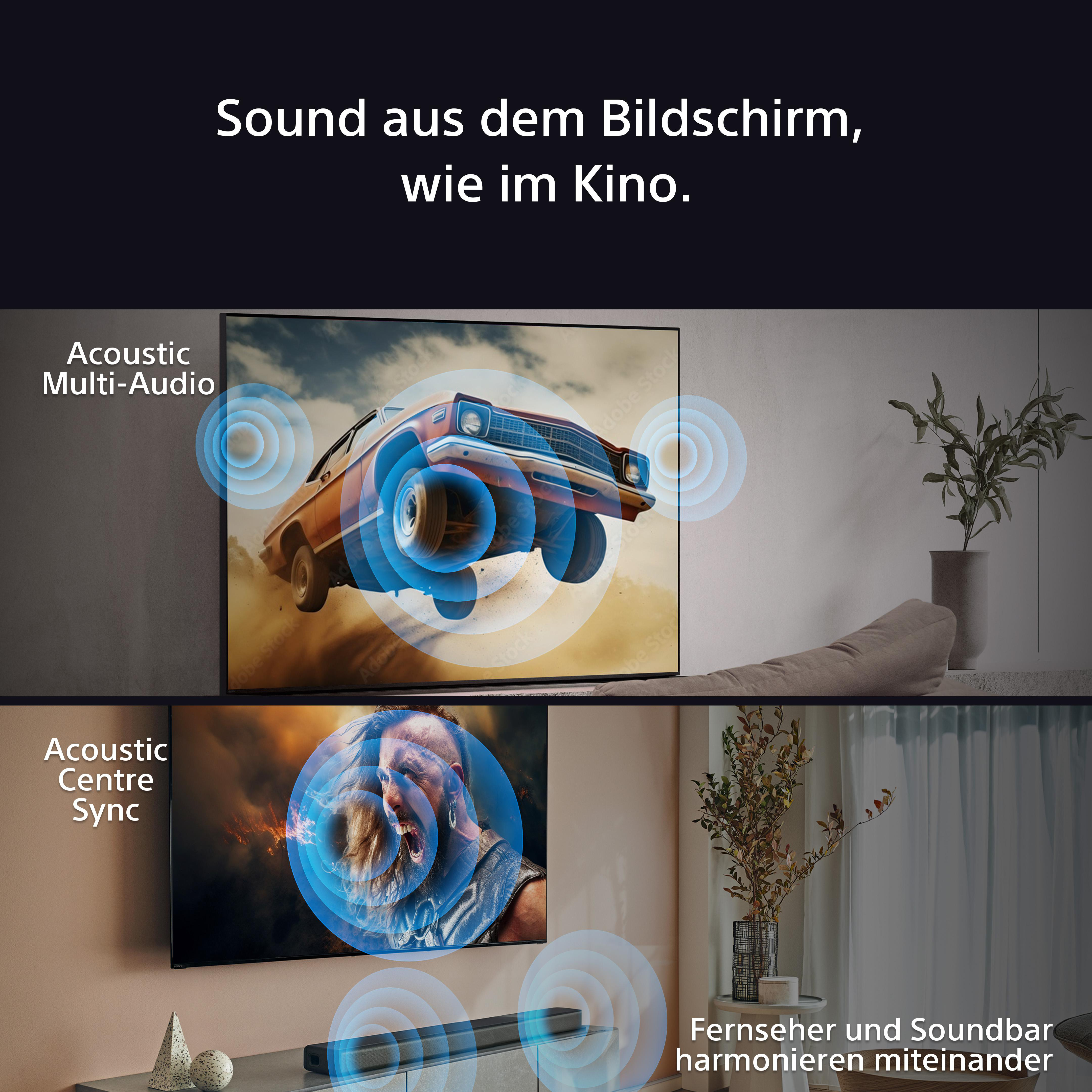 Der Fernsehbildschirm zeigt ein Auto. Schallwellen gehen aus. Text: Sound aus dem Bildschirm, wie im Kino.