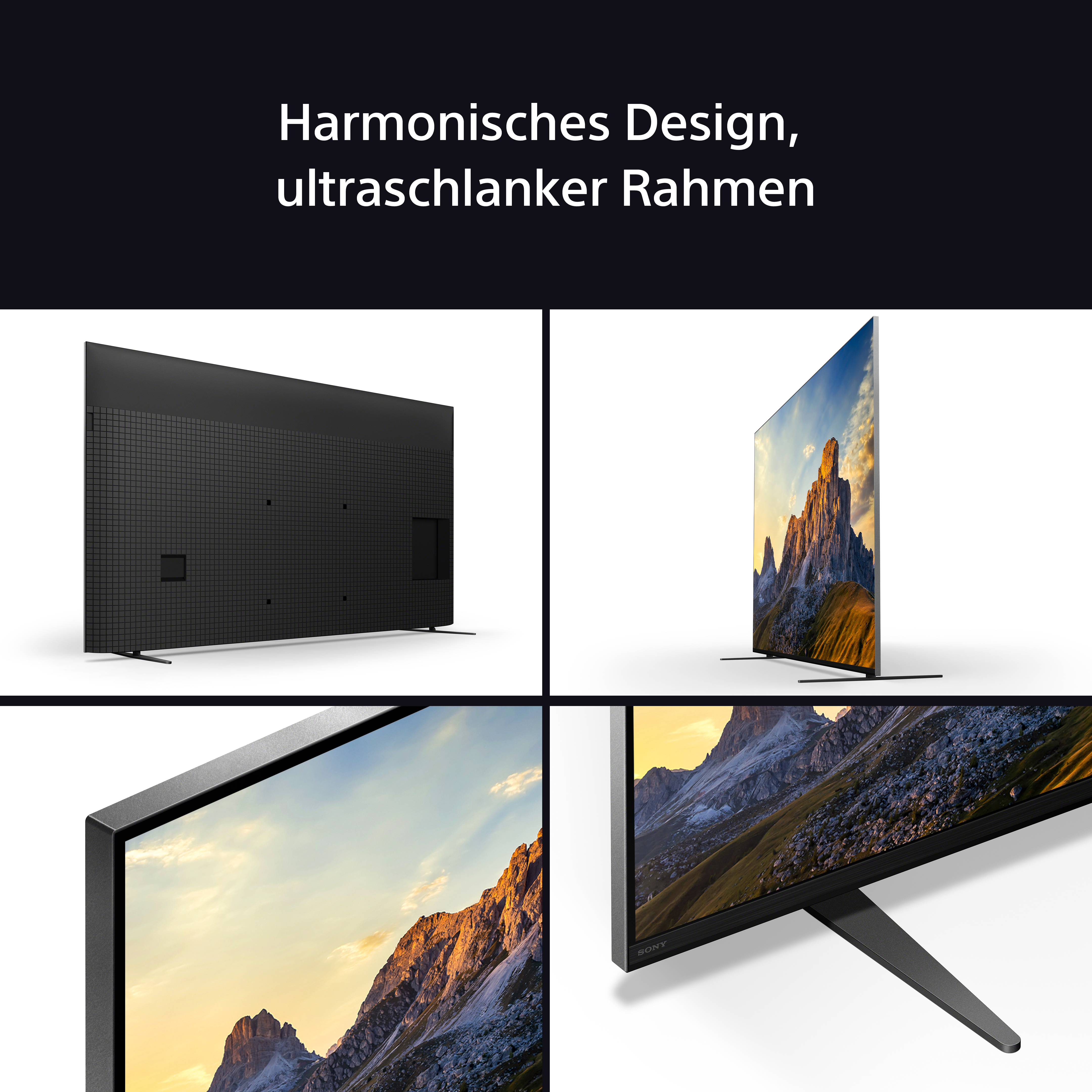 Vier Bilder eines Fernsehers, verschiedene Winkel. Berglandschaft auf dem Bildschirm. Text: Harmonisches Design, ultraschlanker Rahmen.