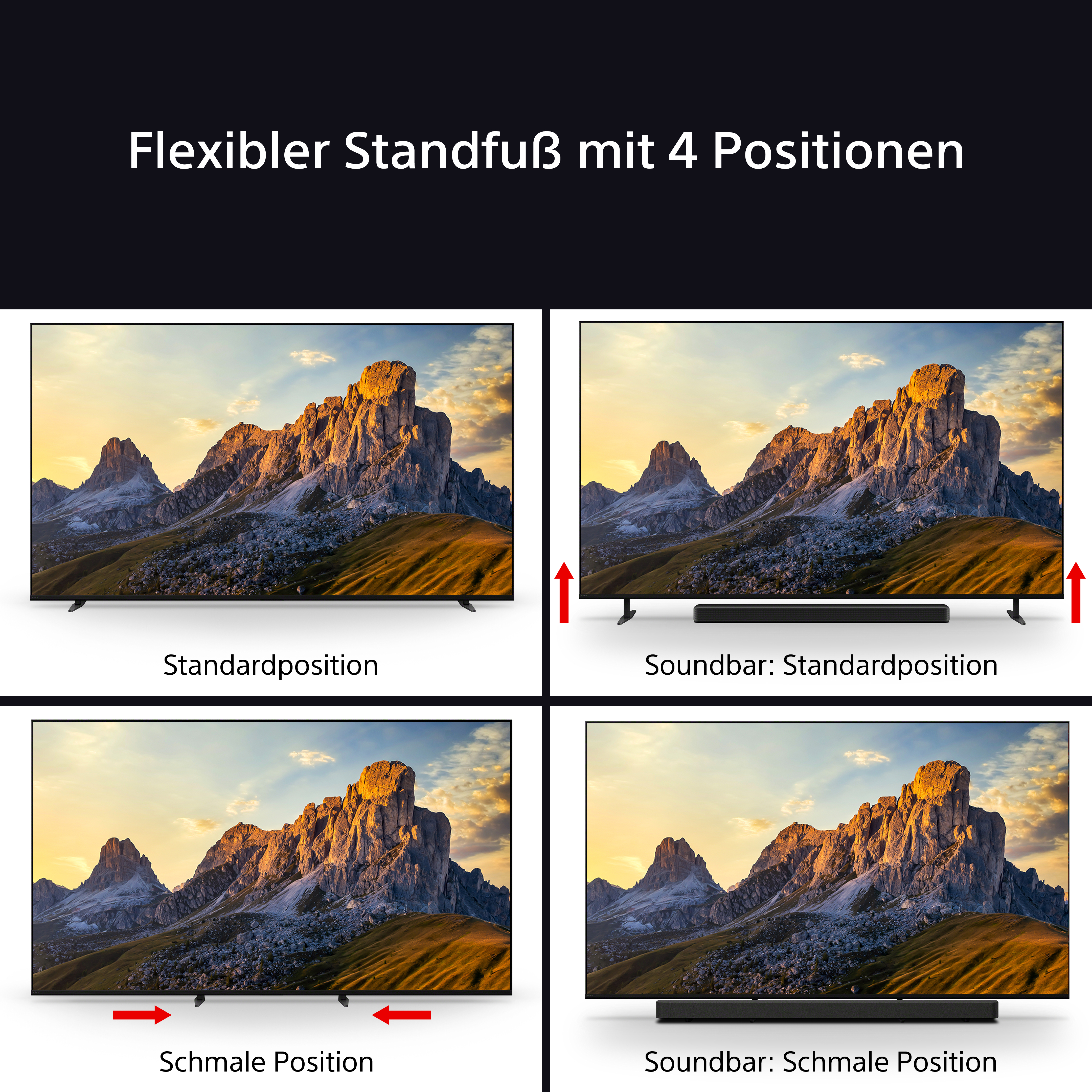 Vier Bilder zeigen verschiedene TV-Ständerpositionen mit dem Text 'Flexibler Standfuß'.