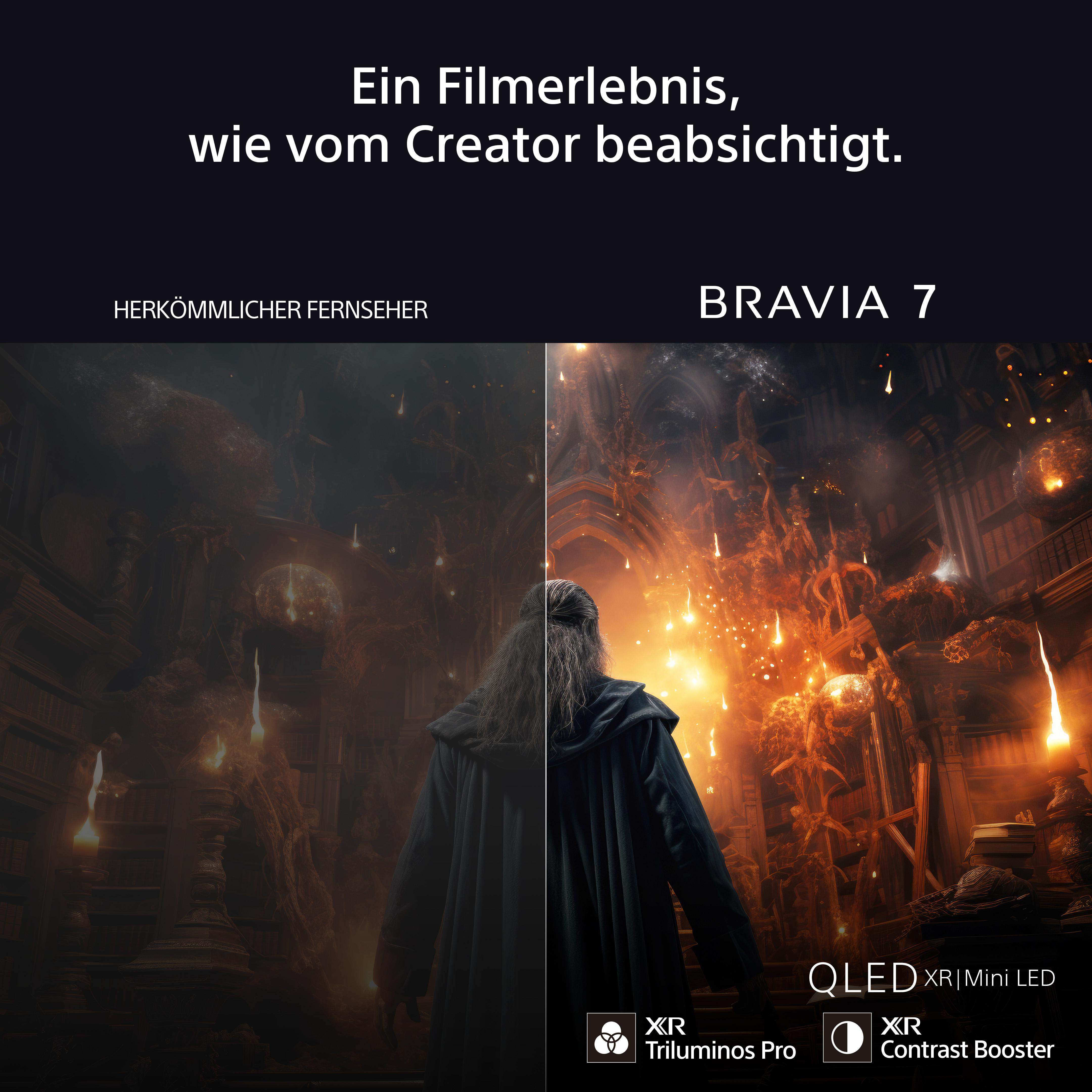 Ein Fernsehbildschirm, der einen Vergleich zwischen einem regulären Fernseher und einem Bravia 7 mit einer dunklen und feurigen Szene zeigt.