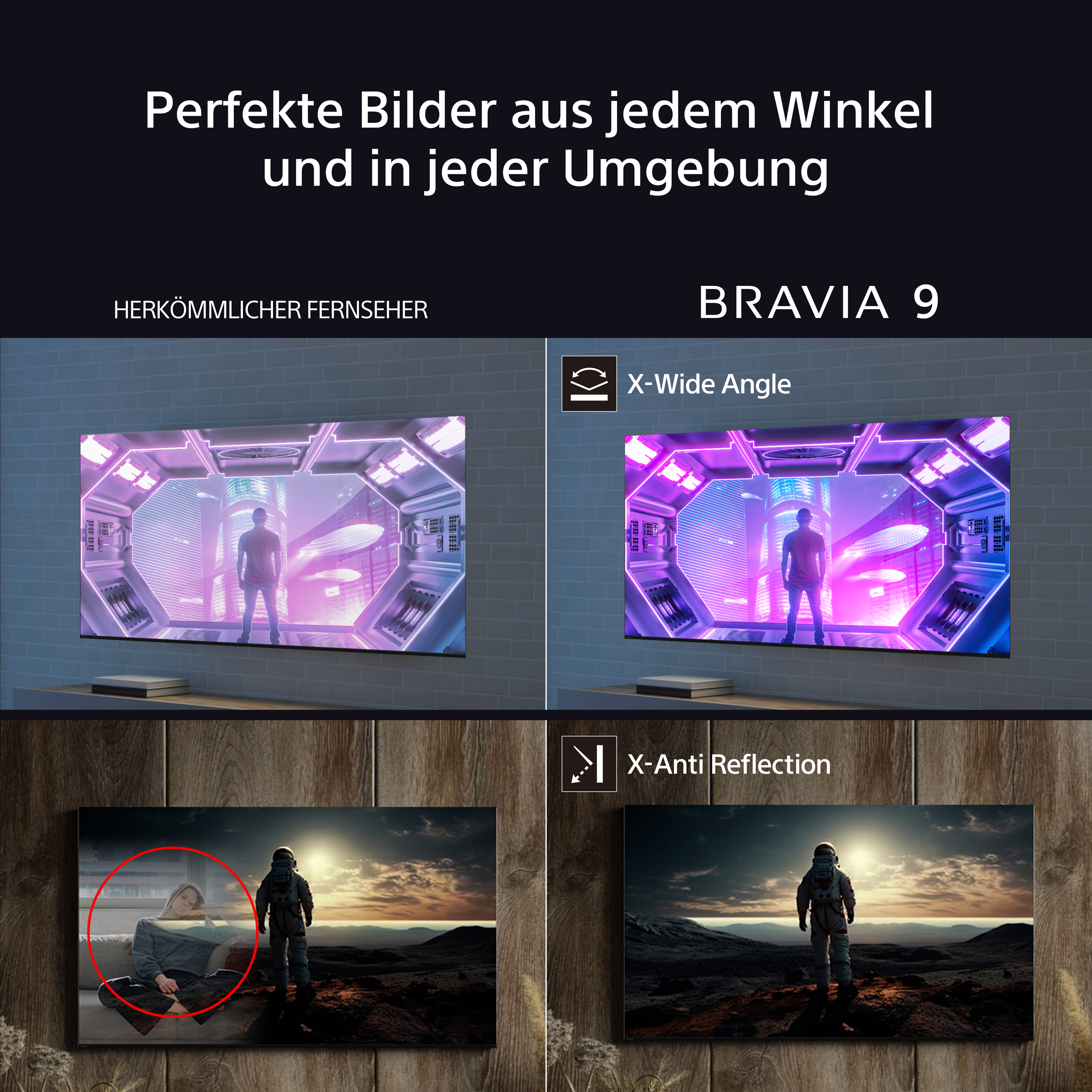 TV-Bildvergleich: normal vs. Bravia 9. Astronaut auf dem Bildschirm, Wohnzimmer-Szenenvergleich.