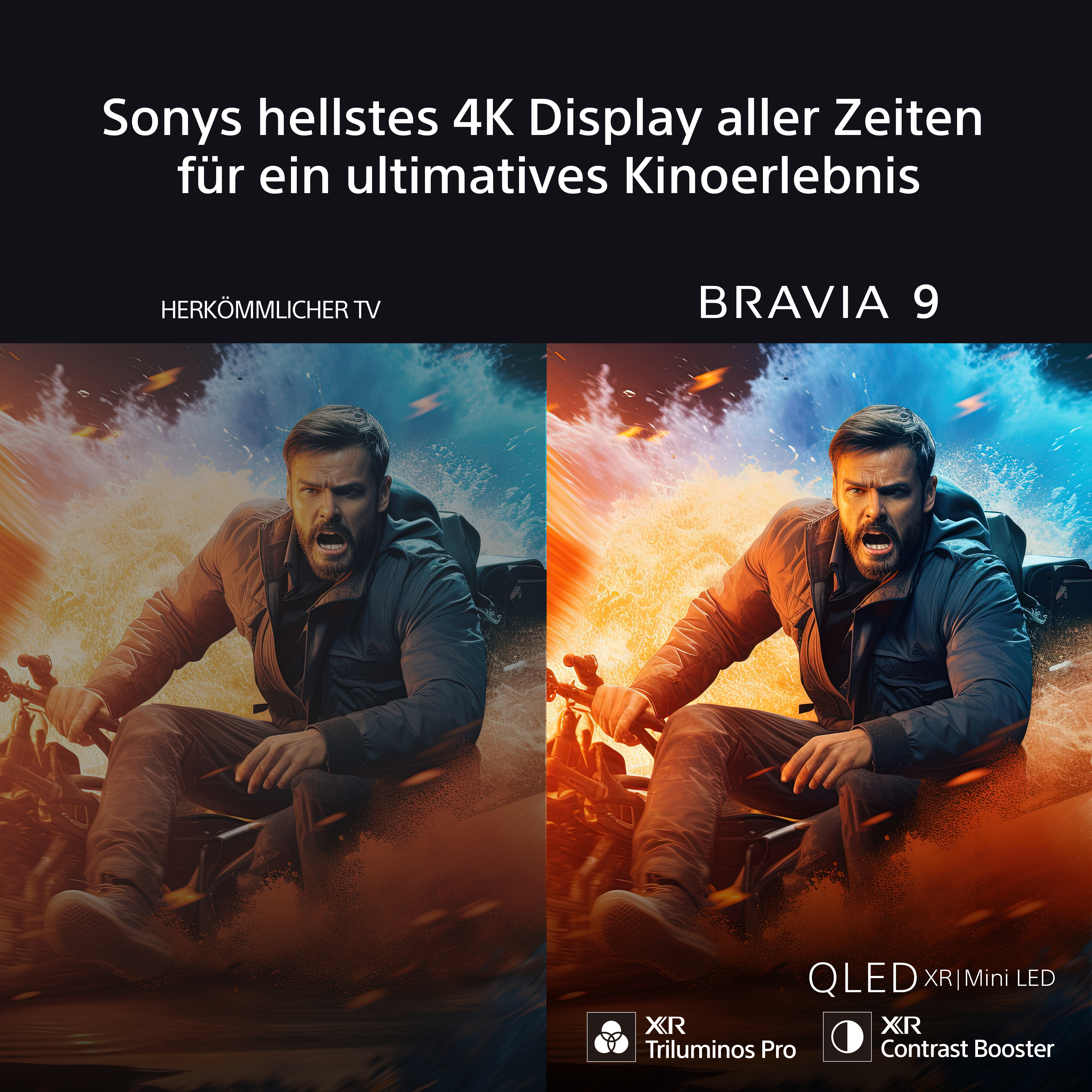 Zwei Fernseher nebeneinander: Einer zeigt ein blau getöntes Bild, der andere ein helles Bild. Beide zeigen einen Mann auf einem Fahrrad.