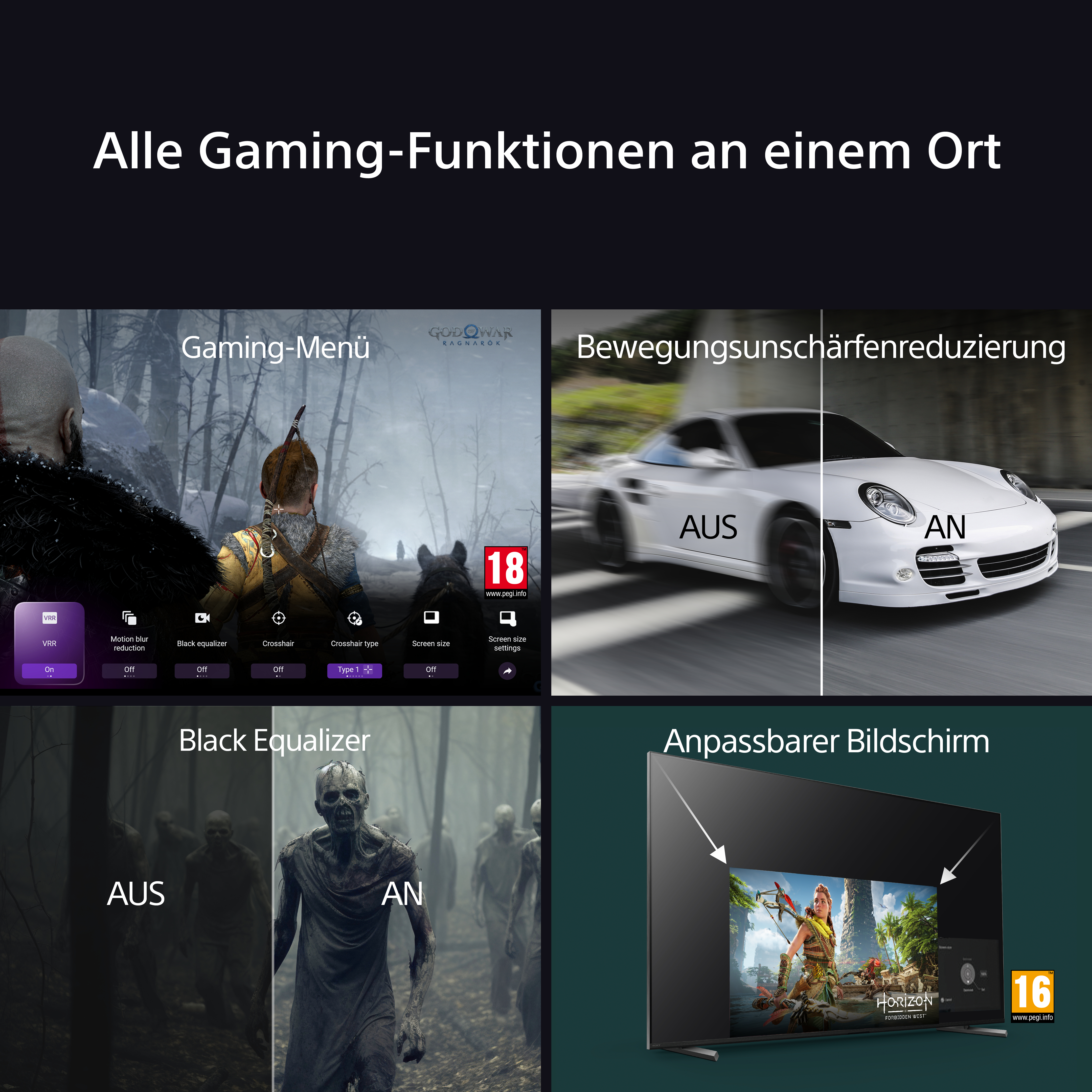 Vier Bilder zeigen Gaming-Funktionen: Gaming-Menü, Bewegungsunschärfenreduzierung, Black Equalizer und Bildschirmeinstellungen.