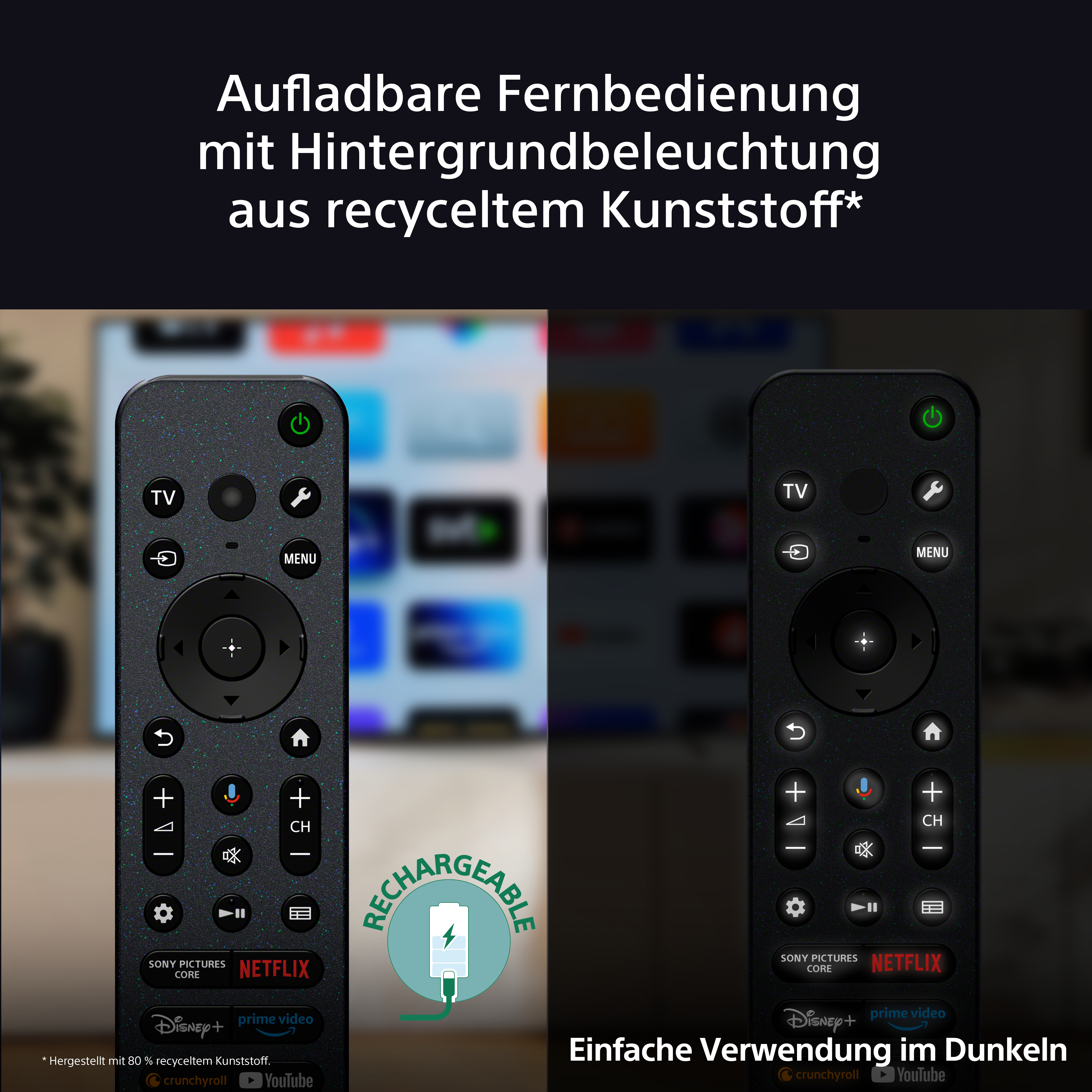 Zwei schwarze Fernbedienungen werden gezeigt, eine mit Ladekabel, die andere ohne.