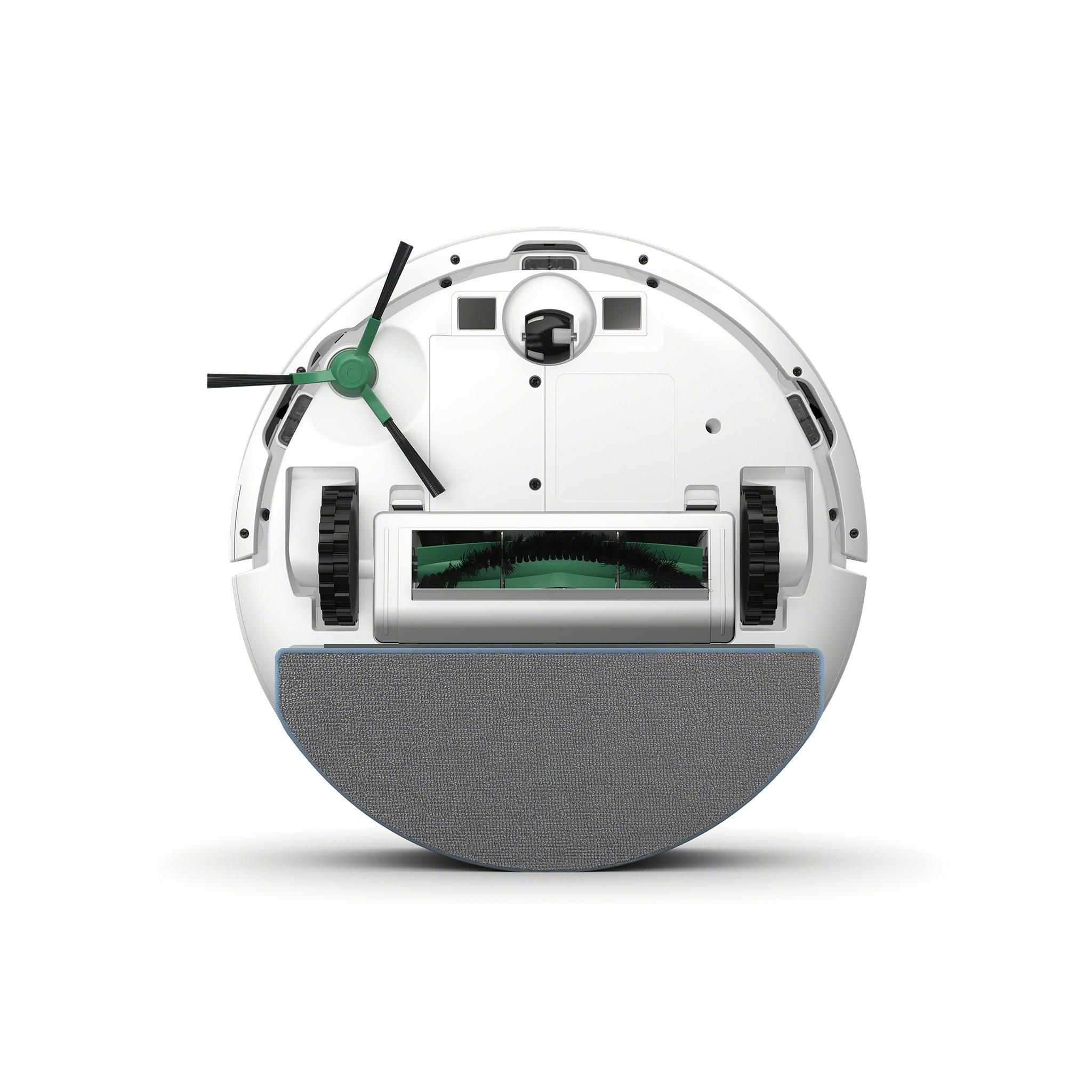 Die Unteransicht eines weißen Roboter-Staubsaugers, die Räder, Bürsten und ein Reinigungspad zeigt.