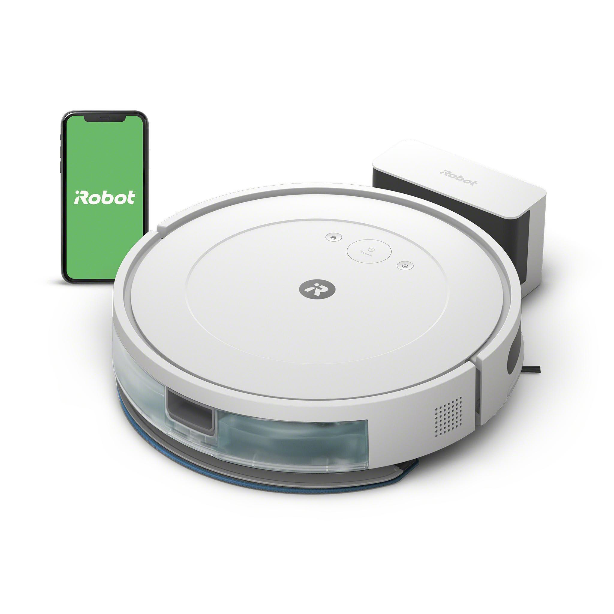 Ein weißer Roomba-Roboterstaubsauger, eine Ladestation und ein Telefon mit der Robot-App.