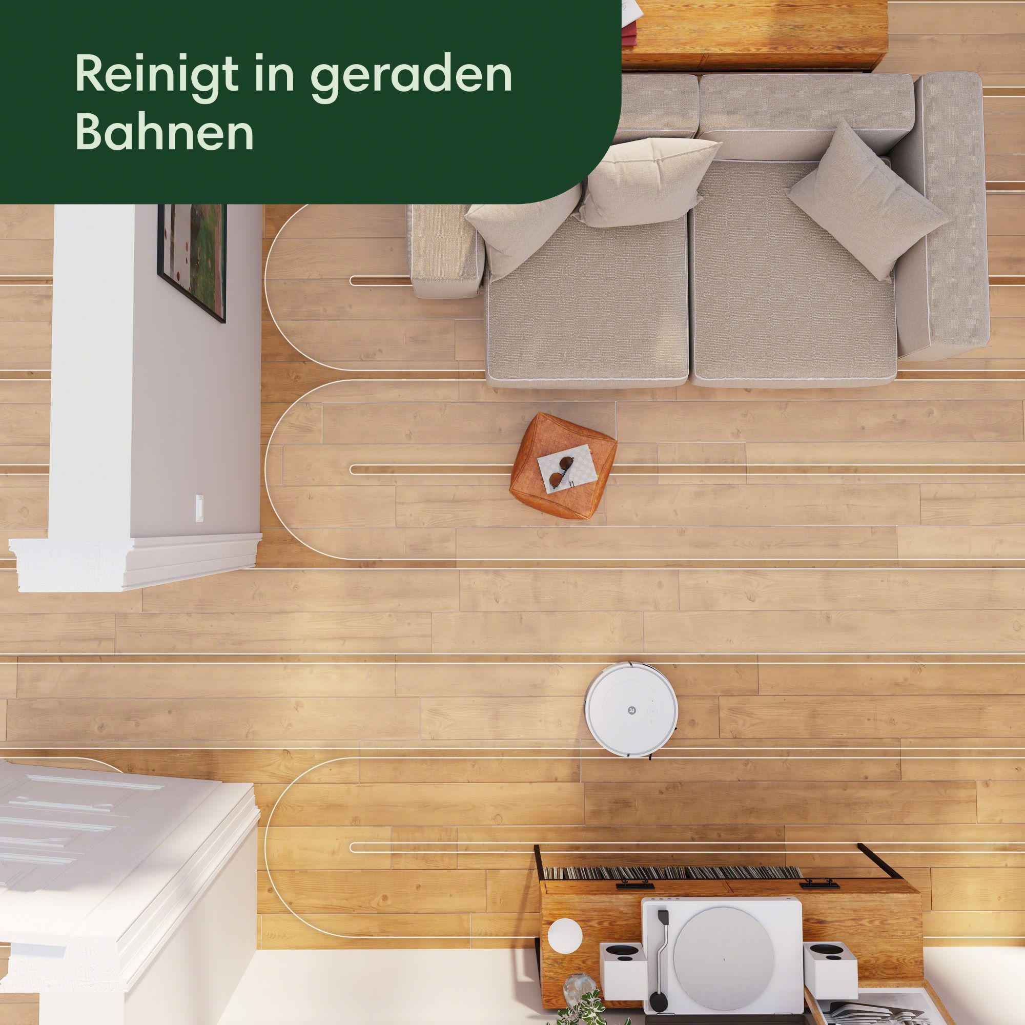 Roboter-Staubsauger reinigt einen Holzboden.