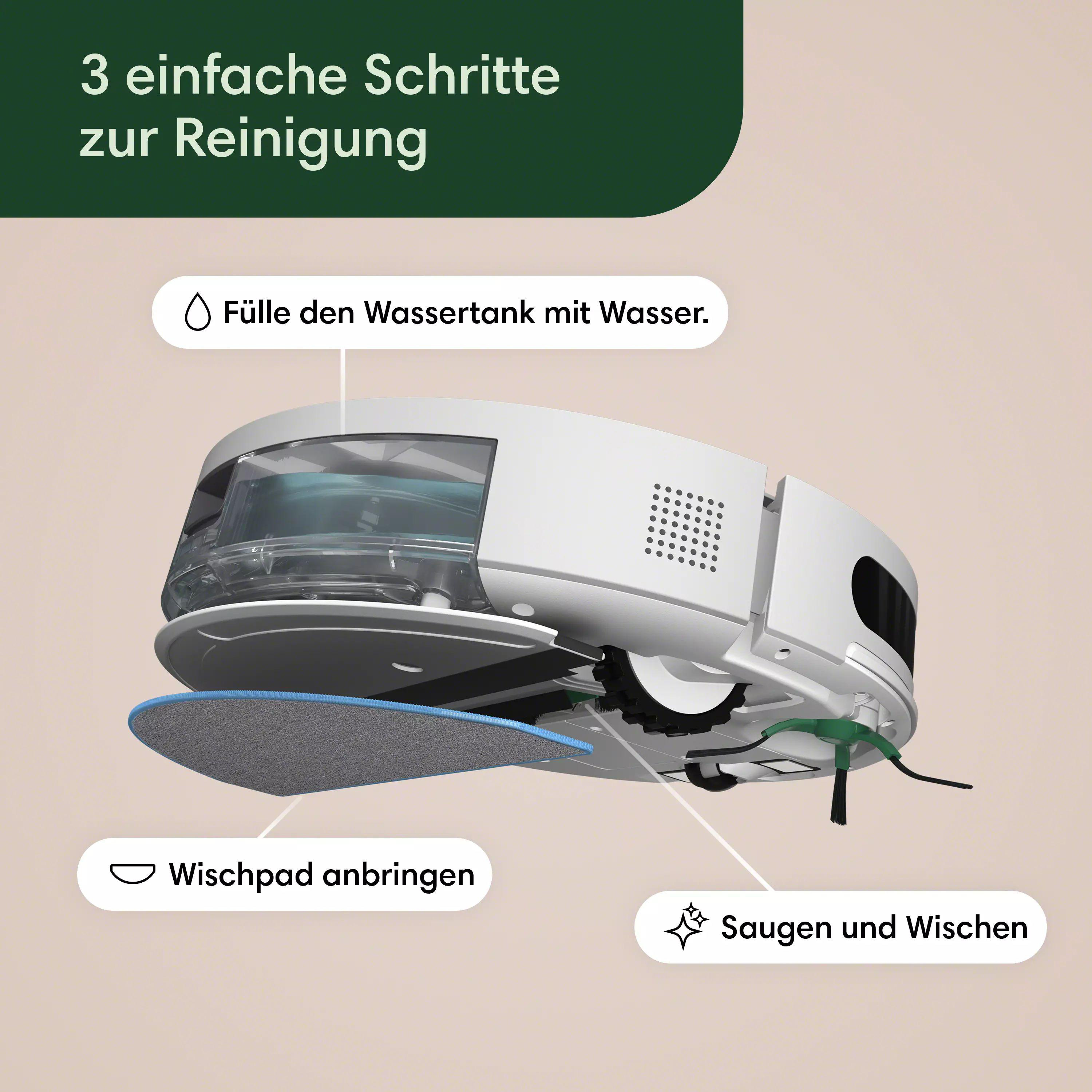 Roboter-Staubsauger mit Reinigungsanweisungen.
