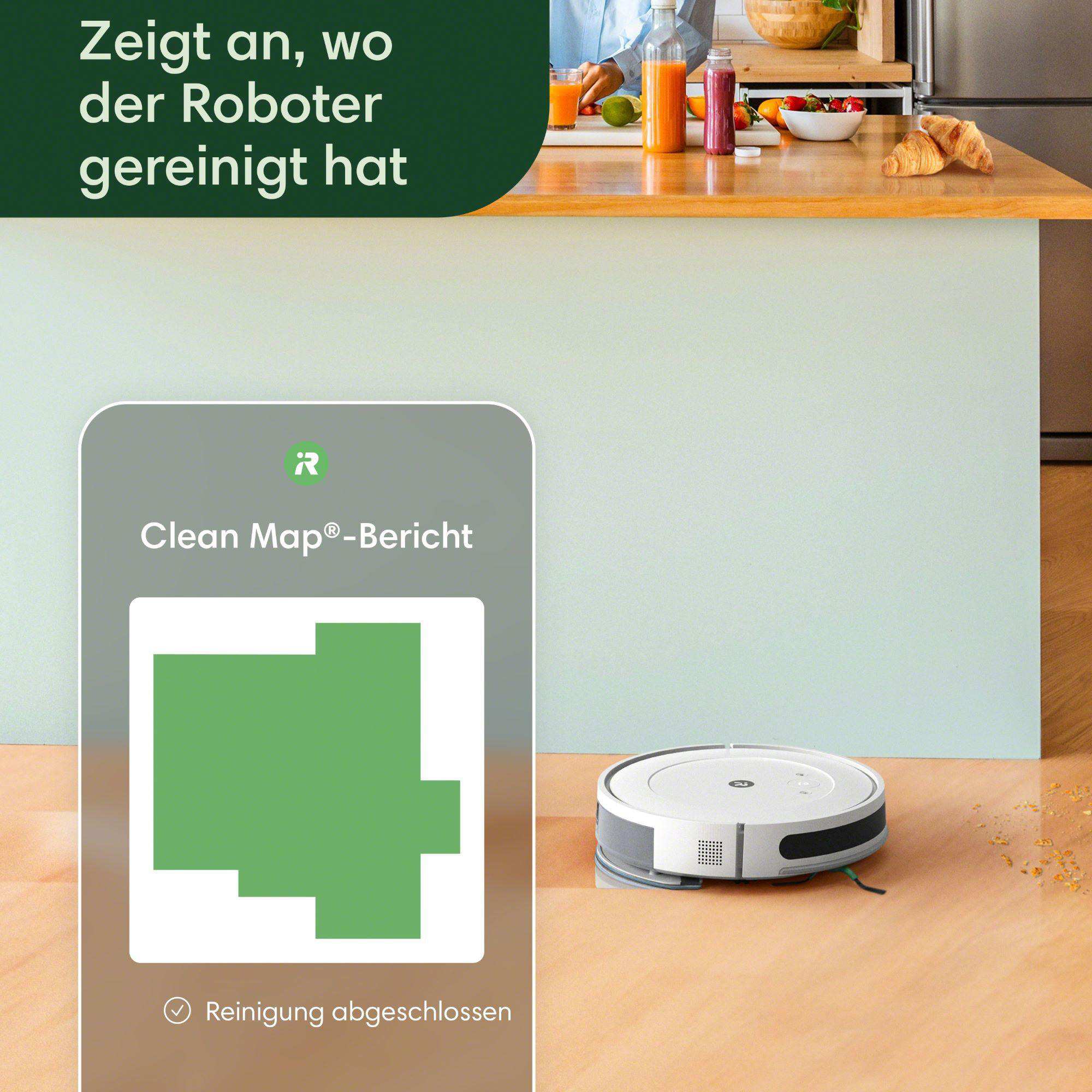 Roboter-Staubsauger mit Karte der gereinigten Bereiche, in der Nähe eines Holzbodens.