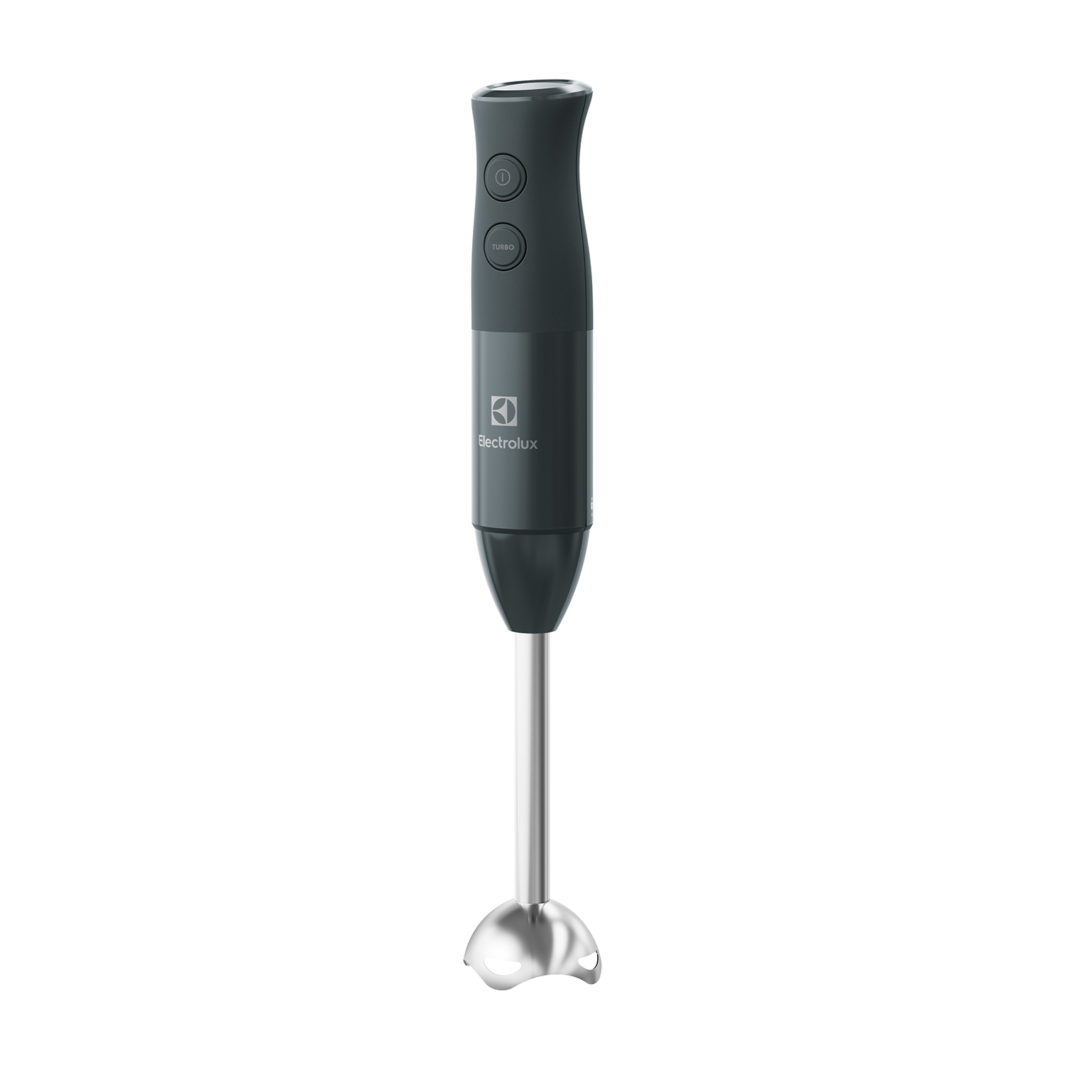 Frullatore a immersione, grigio scuro, con accessorio di miscelazione argentato. Pulsanti di accensione e turbo.
