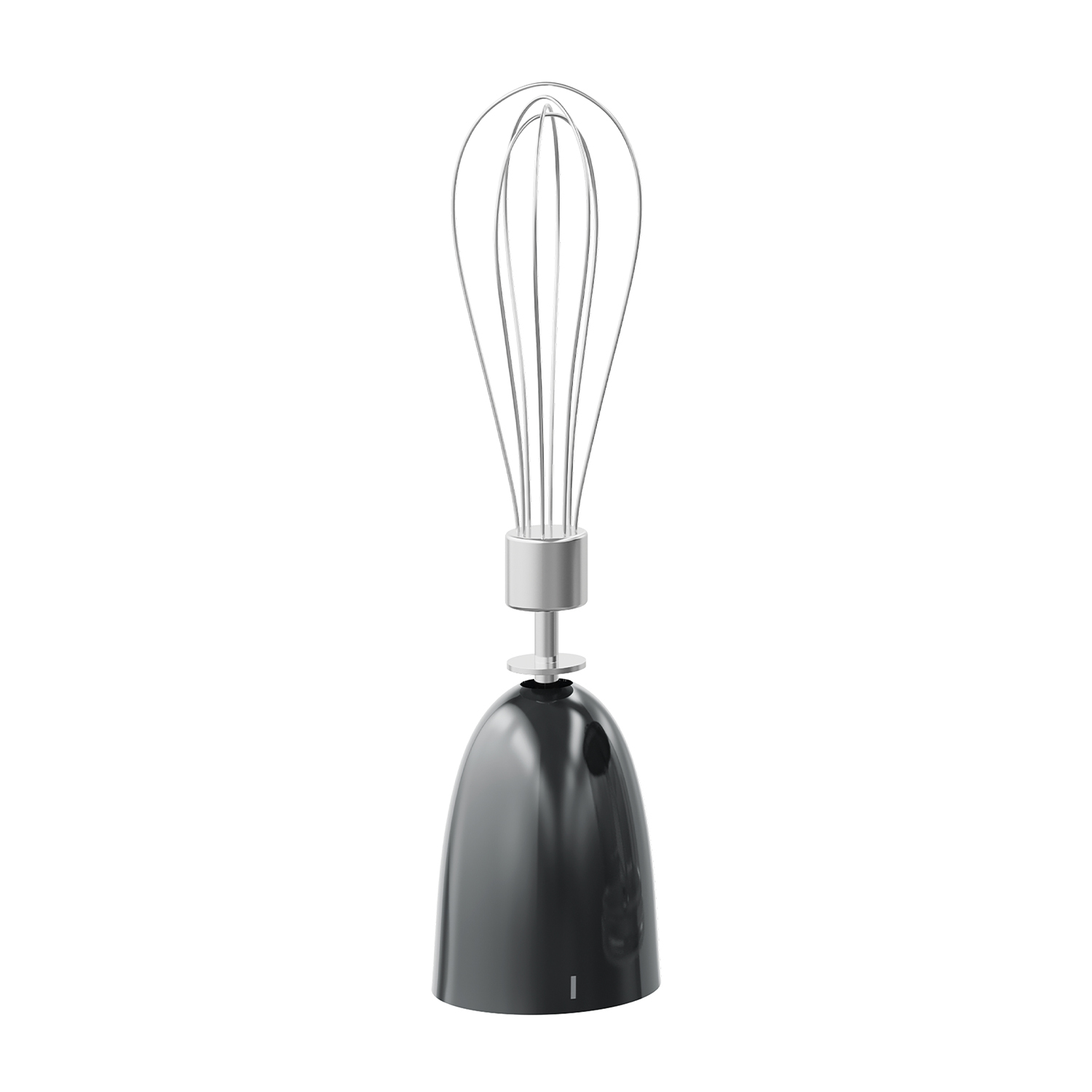 Un frullatore a mano nero con un accessorio frusta d'argento. Il frullatore è su sfondo bianco.