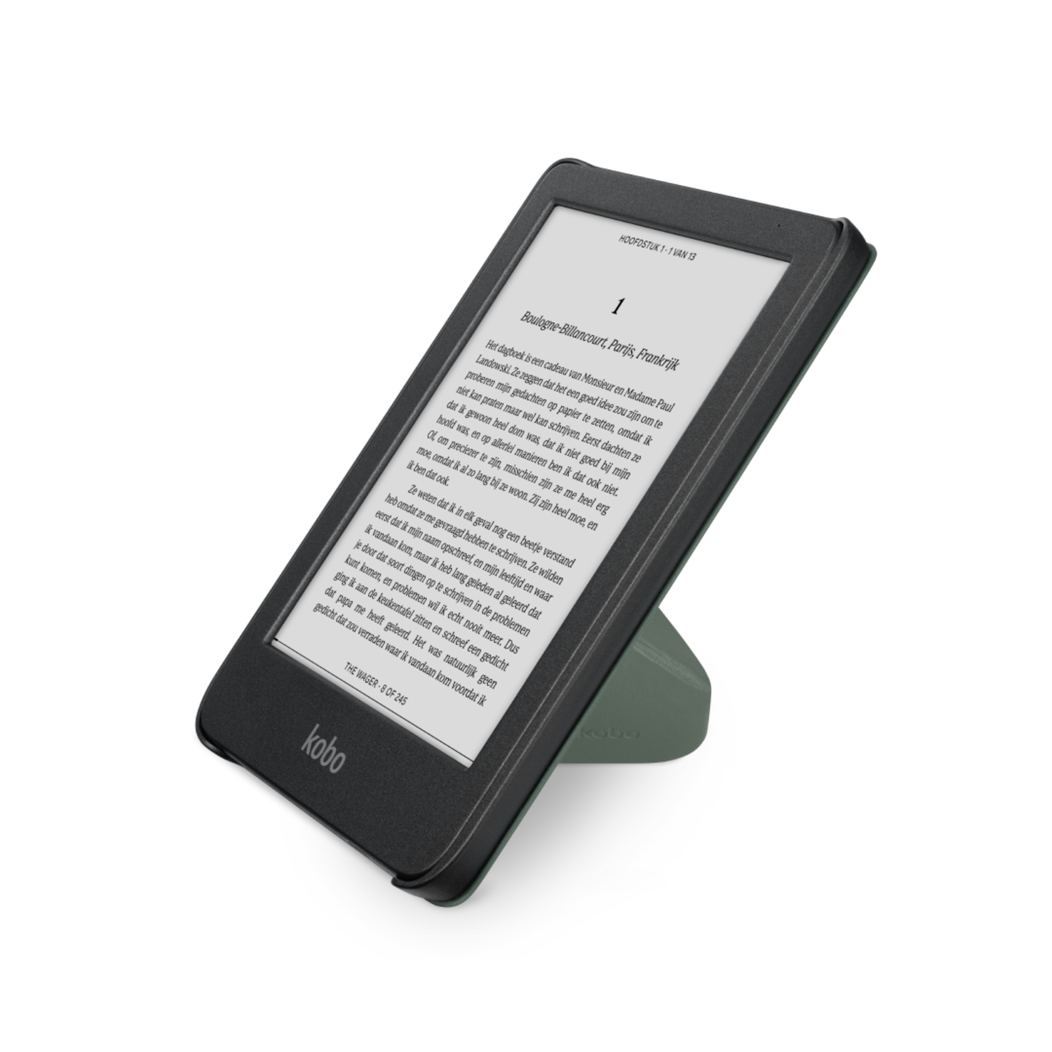 An open Kobo e-reader displaying text on a stand. The device is black with a green stand.