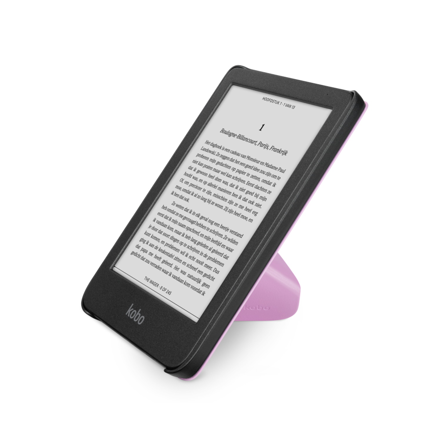Black Kobo e-reader with a pink stand, displaying text, angled slightly.