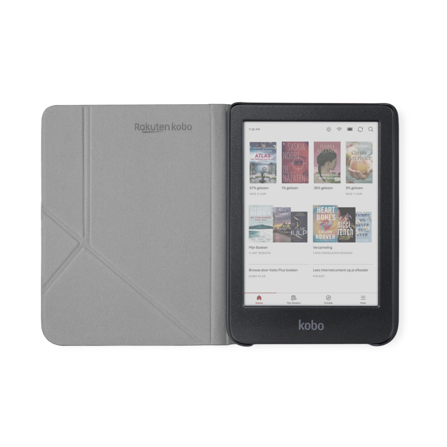 E-reader with an open gray cover, showing book titles.