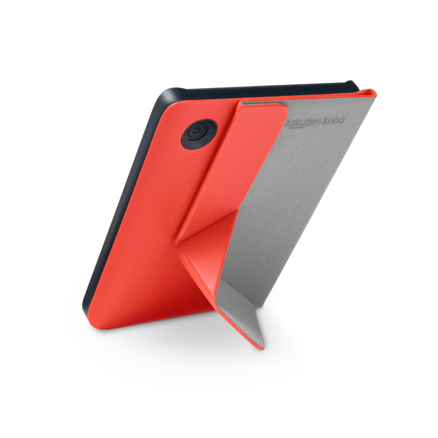 A tablet with a red cover, a black back, and a stand. The tablet is angled on a white surface.