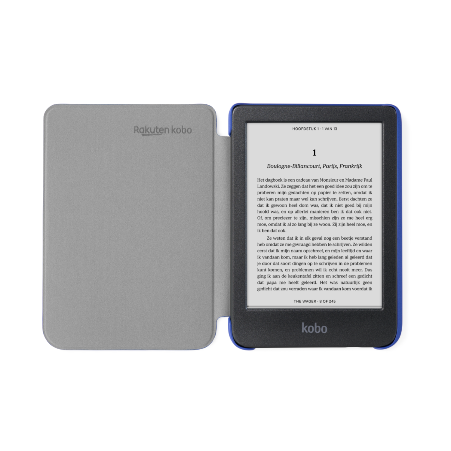 Een Kobo e-reader met een blauwe hoes, die tekst uit een boek op het scherm toont.