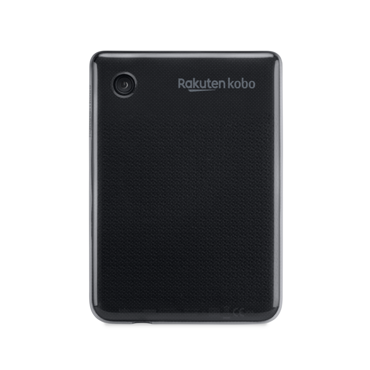 Black e-reader with a touch screen, Rakuten Kobo logo on the top.