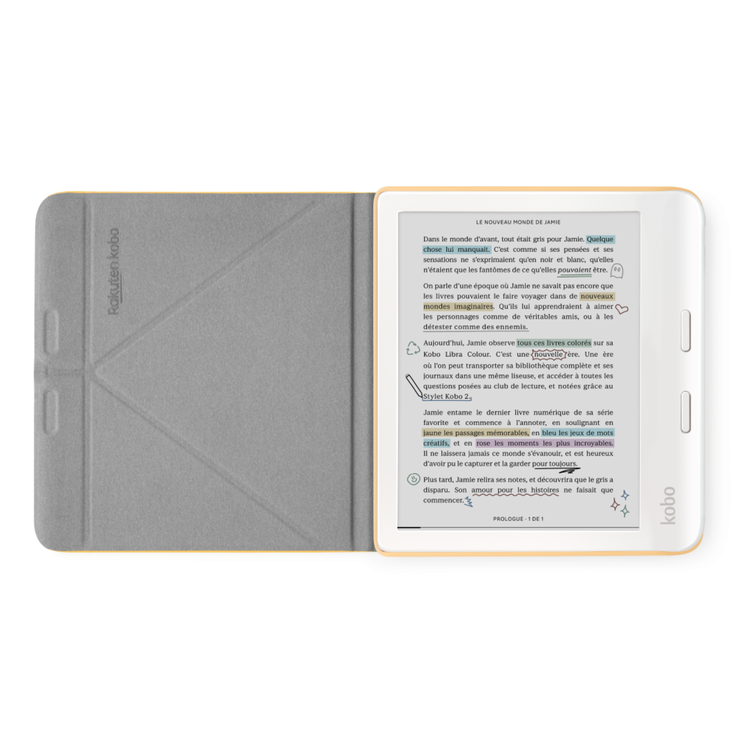 Een Kobo e-reader in een grijze hoes, open en tekst tonend. Tekst in het Frans, met bladwijzer en notities.