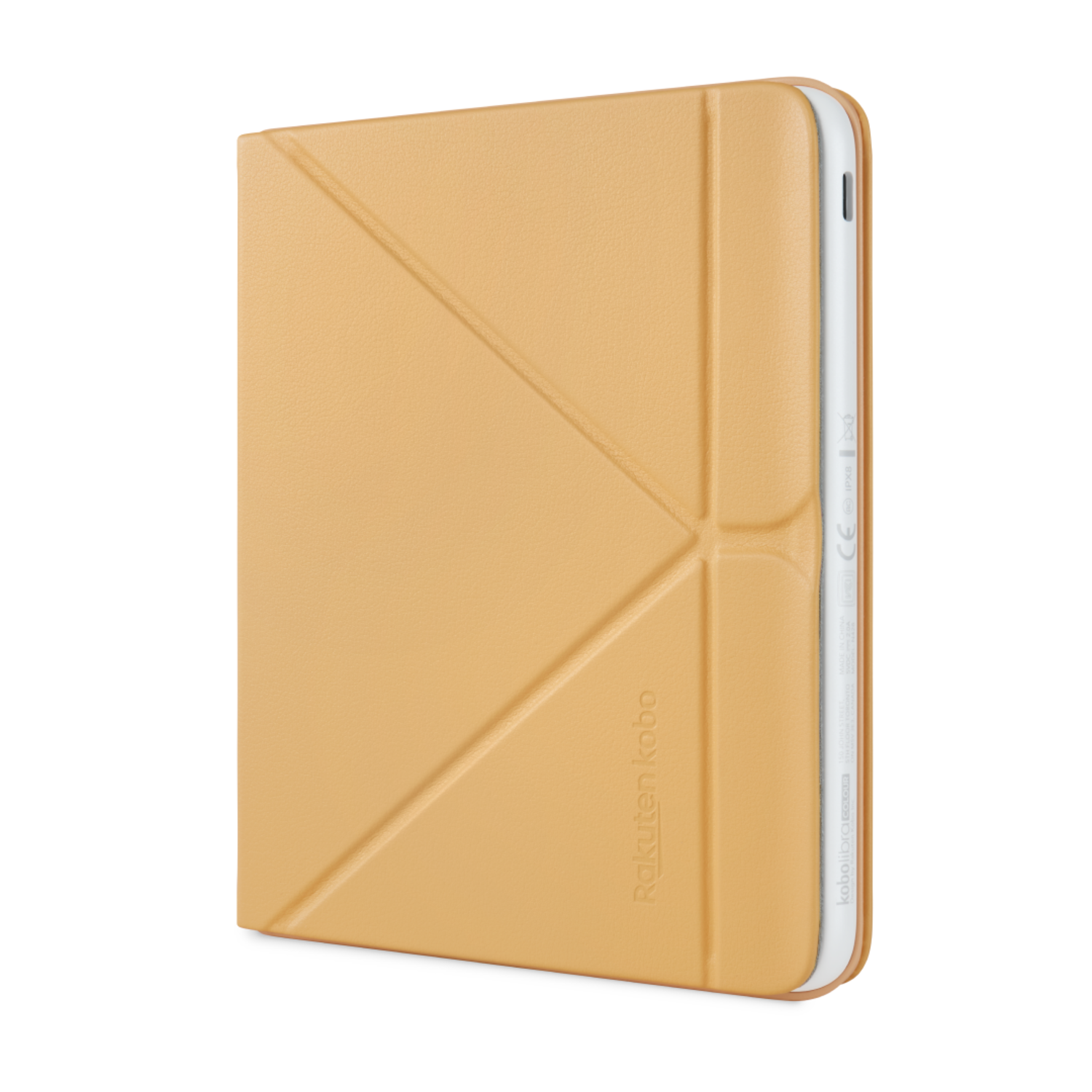 Tan Kobo-hoes met geometrisch ontwerp, Rakuten kobo staat links onderaan gedrukt.