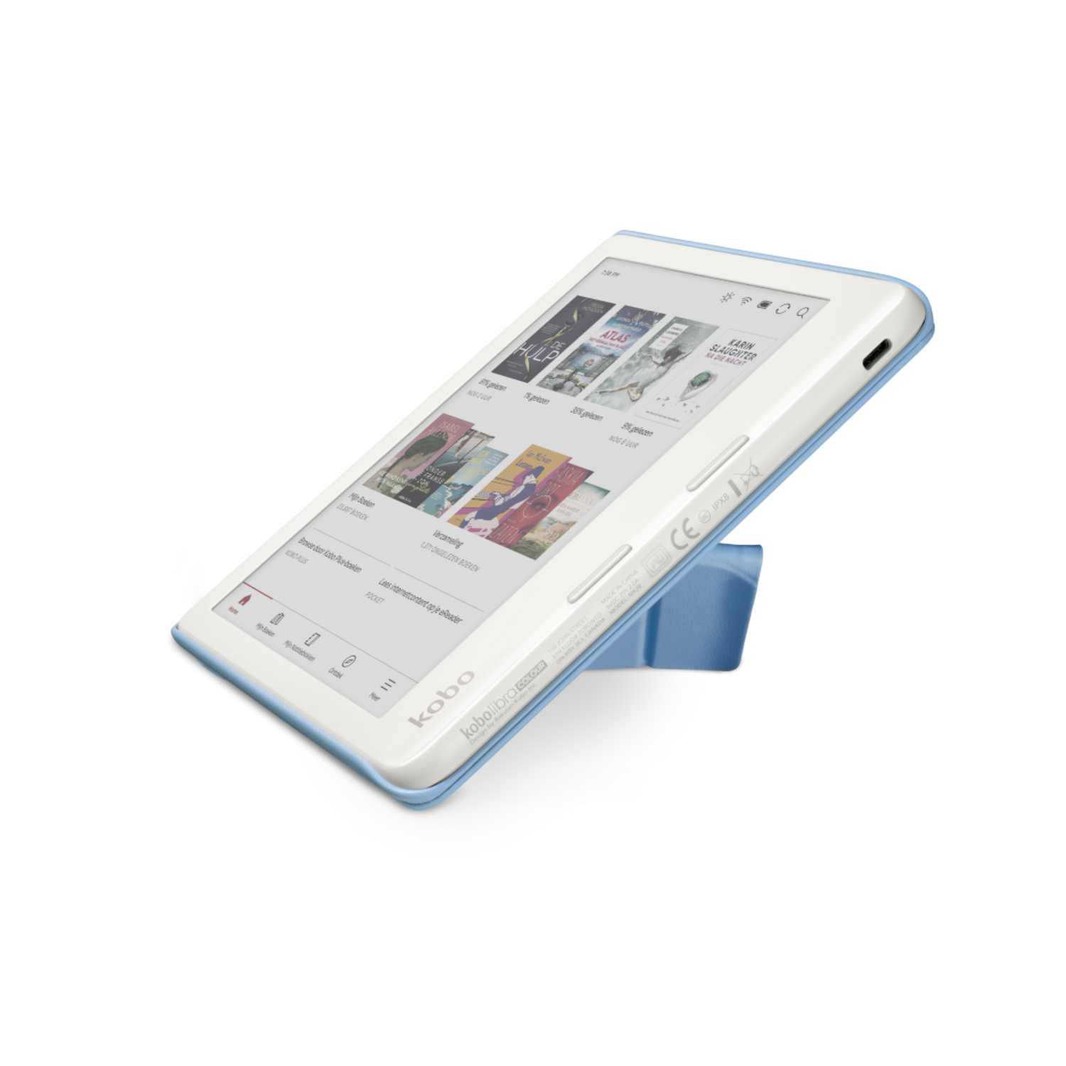 White and blue Kobo Libra 2 e-reader open, displaying a library.