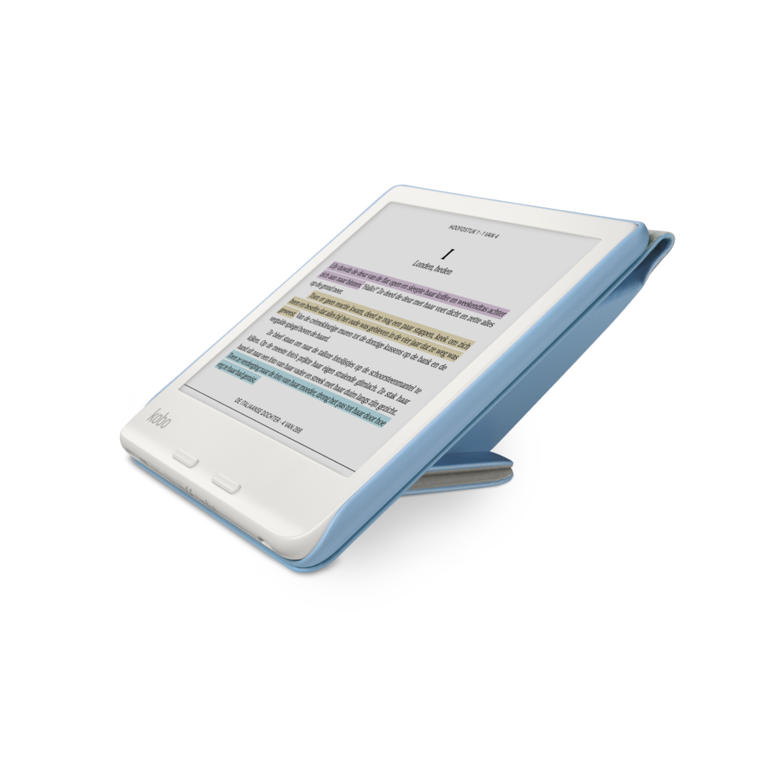 White and blue e-reader with a text displayed. It is set up with a stand.