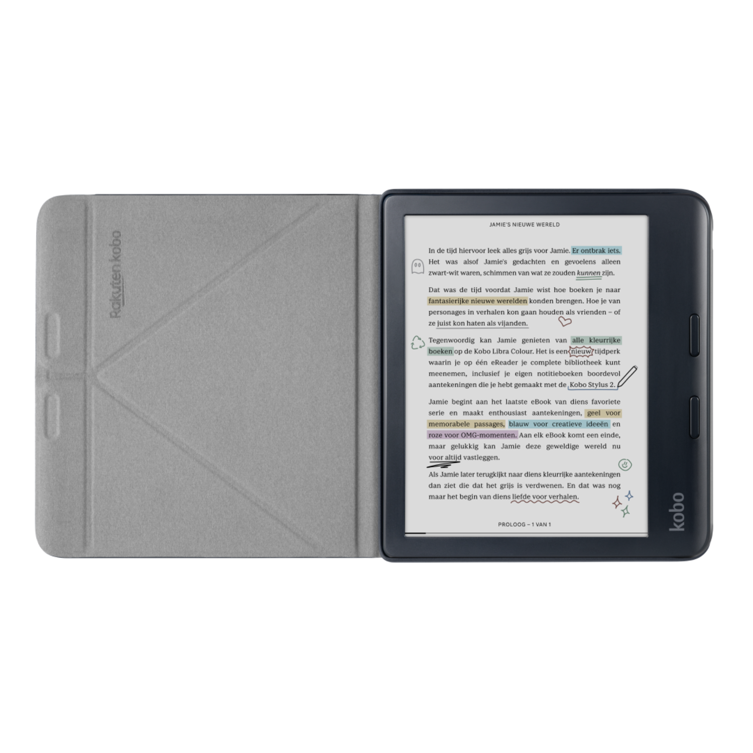 An open e-reader with text. The cover is gray. Text is visible on the screen.