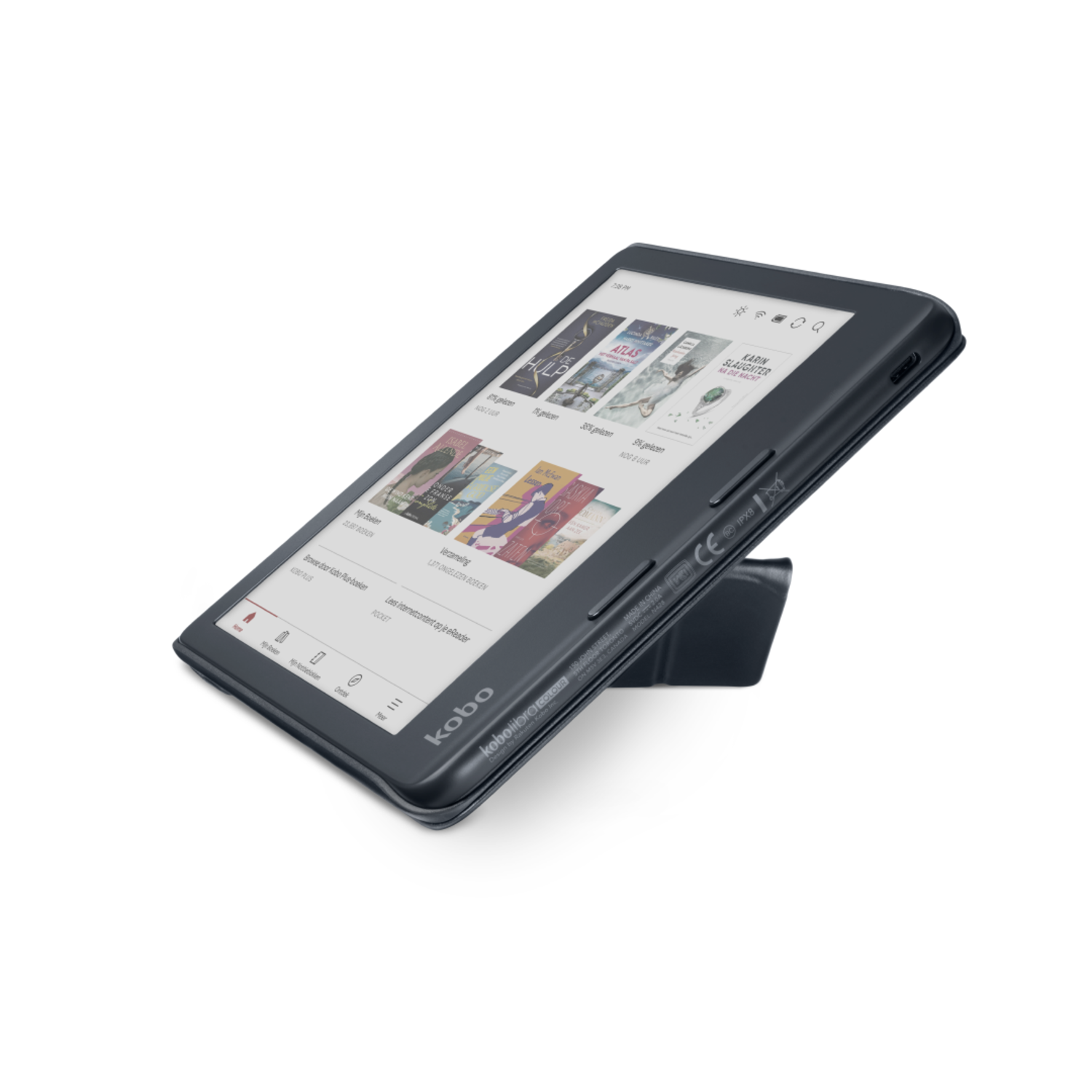 Black e-reader on a stand, showing a screen full of book covers.