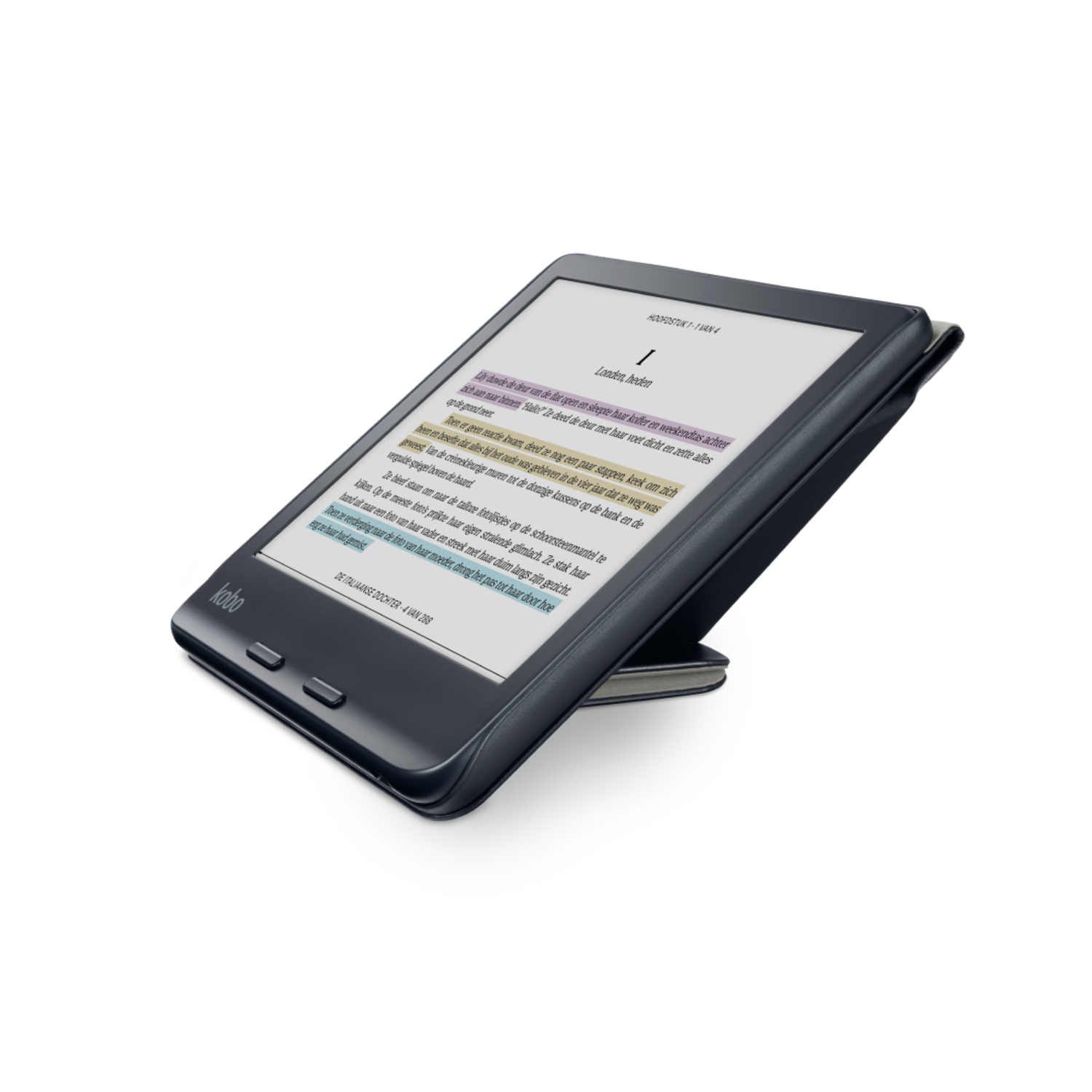 An open e-reader displays text. It rests on a stand. Some text is highlighted with yellow and pink.