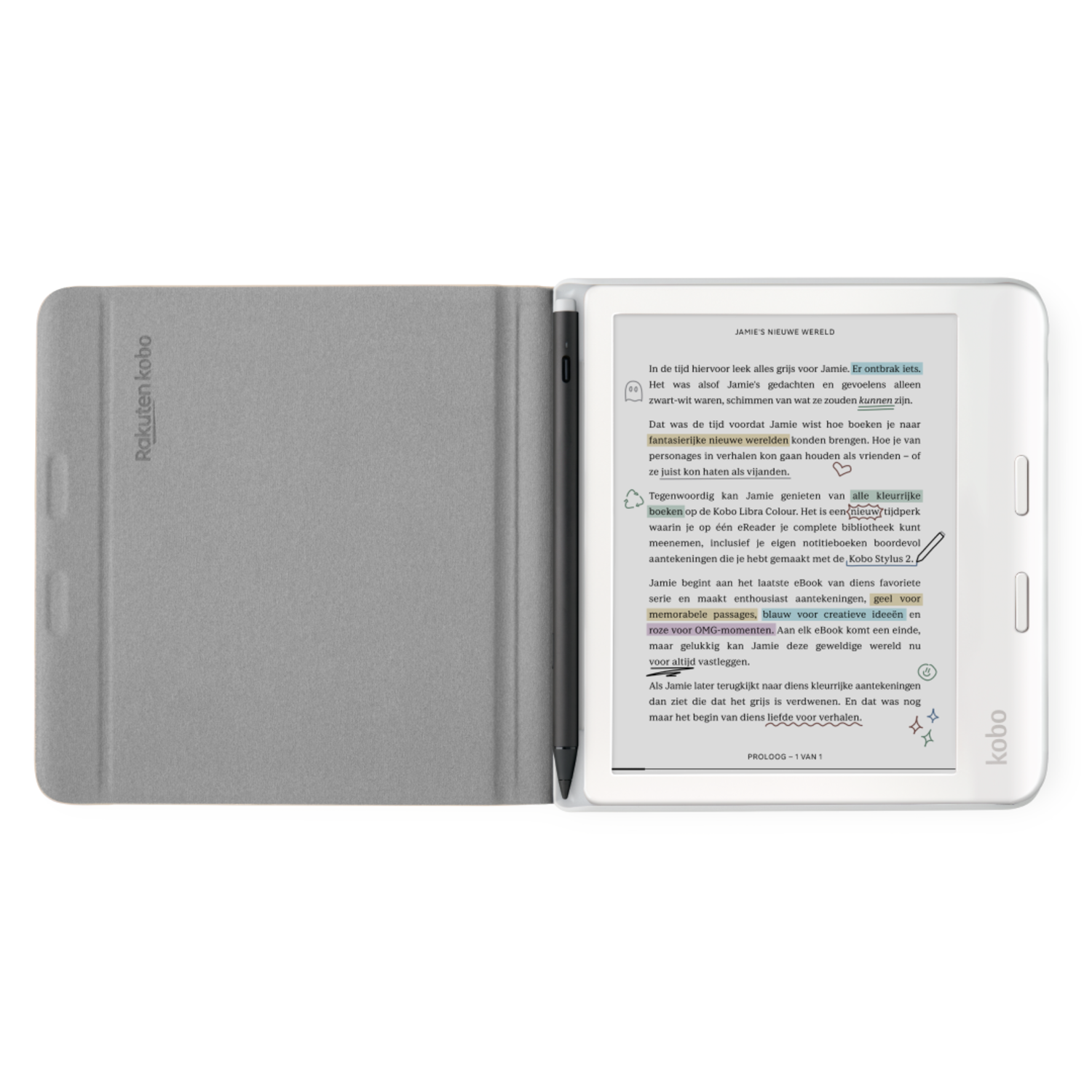 An ebook reader with a cover is open, showing text with some highlighted notes and a pen.