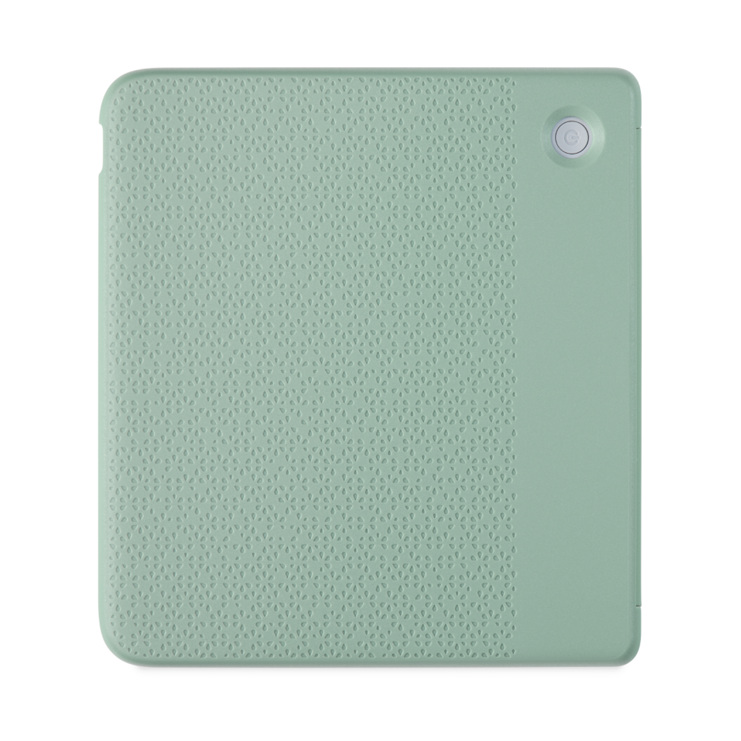 A light green tablet case with patterned design and a power button. The case is on a white background.