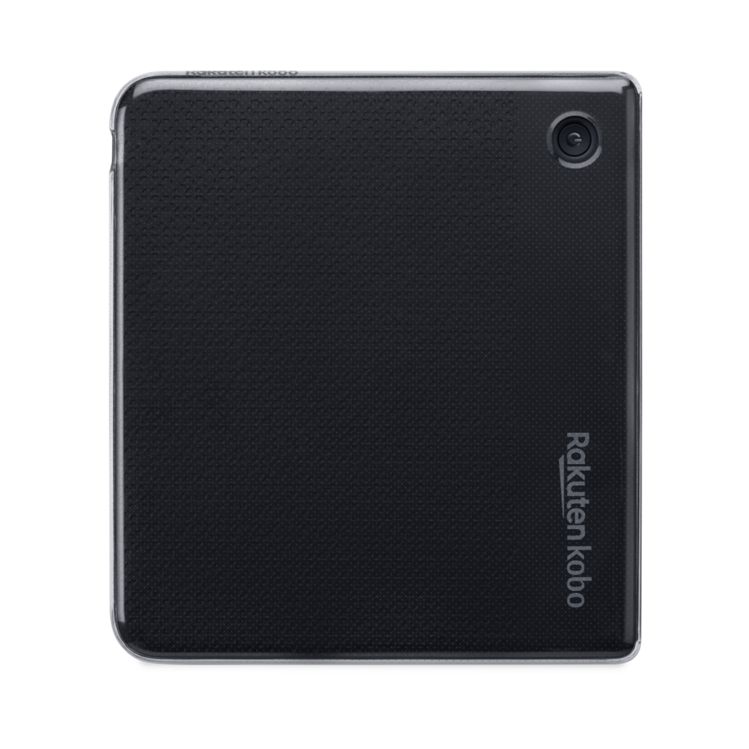 Black Rakuten Kobo e-reader device. The device is rectangular with rounded corners, and a camera.