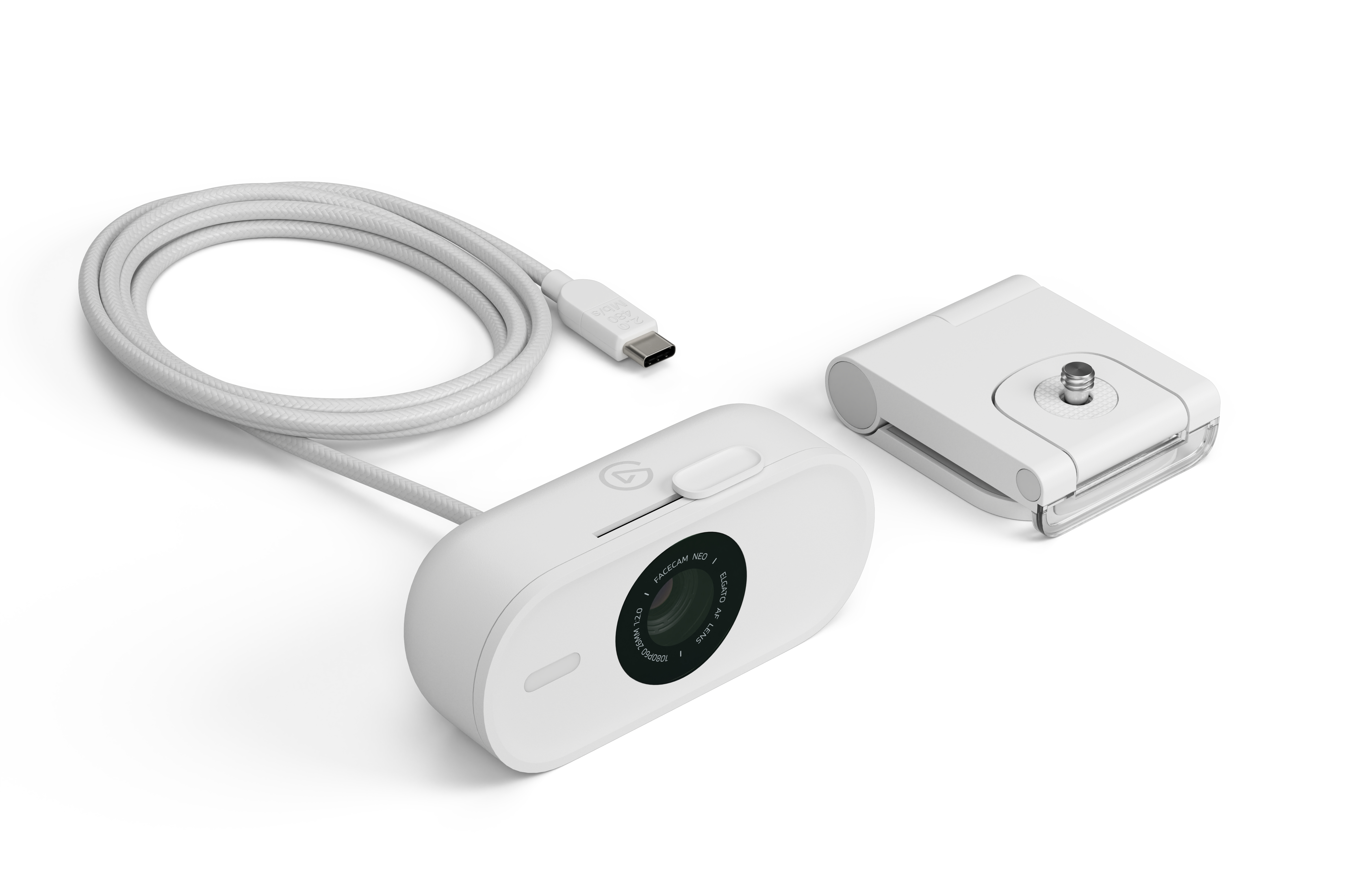 Eine weiße Webcam und ein Ständer mit Kabel. Die Kamera ist oval, mit USB-C-Anschluss.