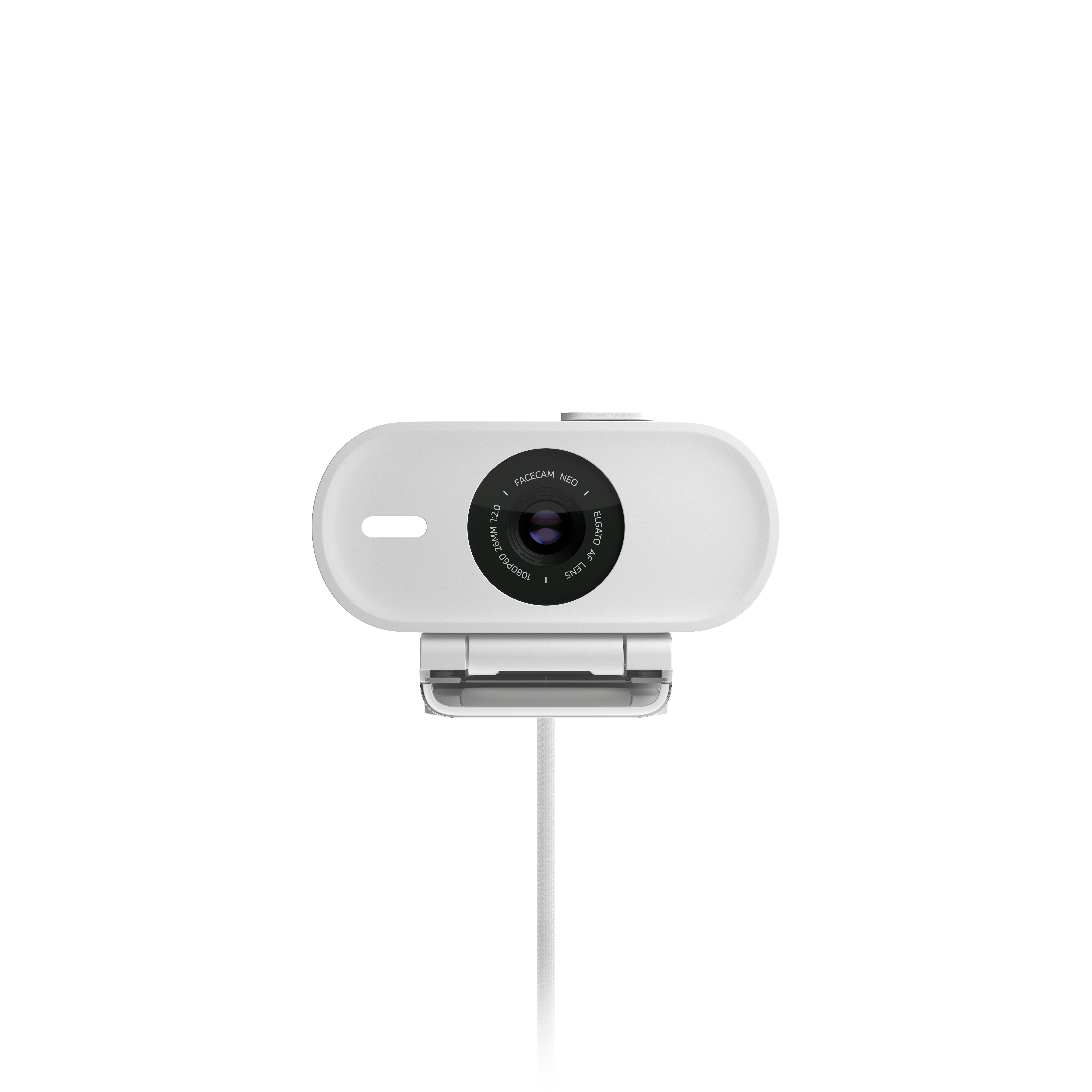 Weiße Webcam mit eingebautem Mikrofon, auf einem Ständer montiert.