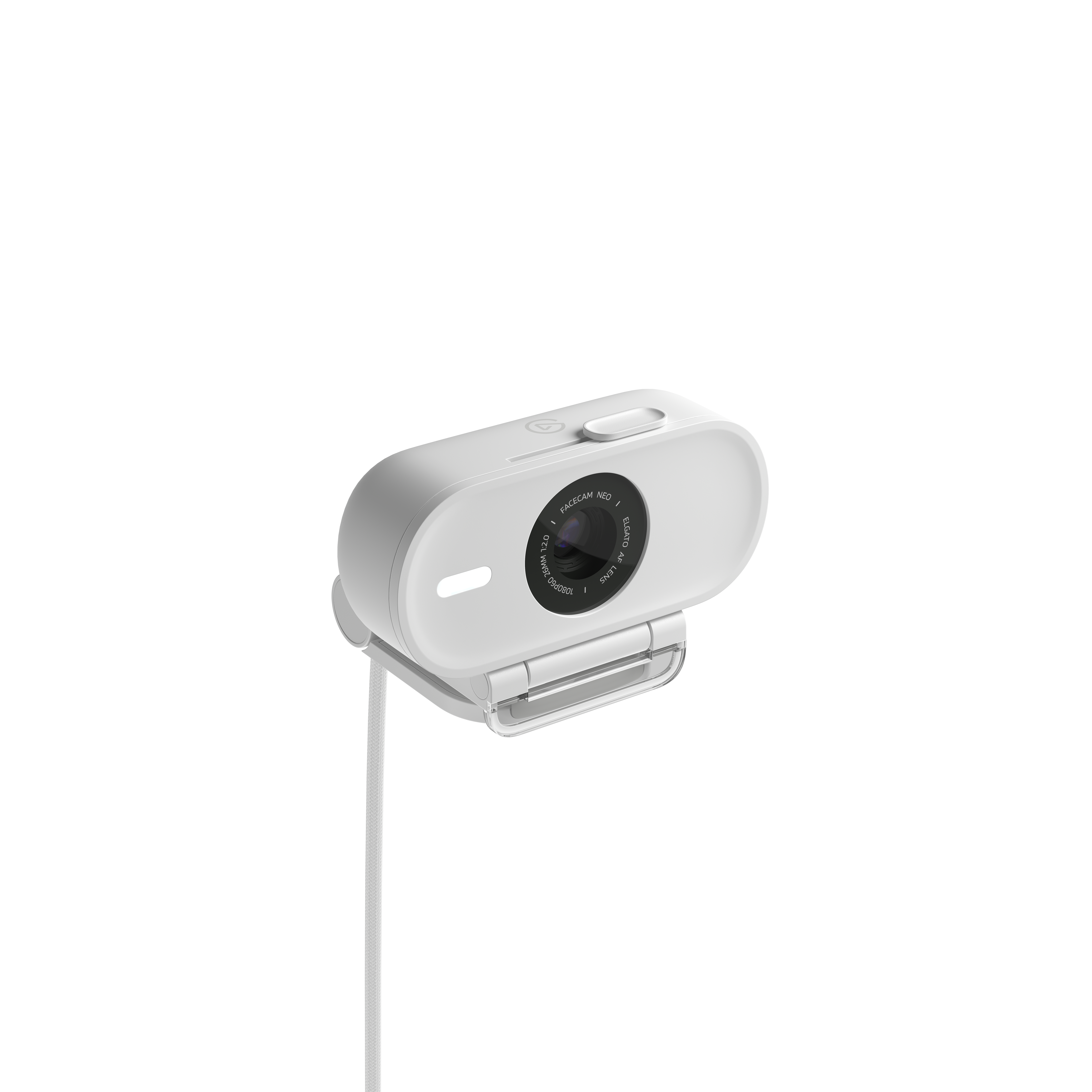 Weiße Webcam auf weißem Ständer und Kabel, isoliert vor weißem Hintergrund.