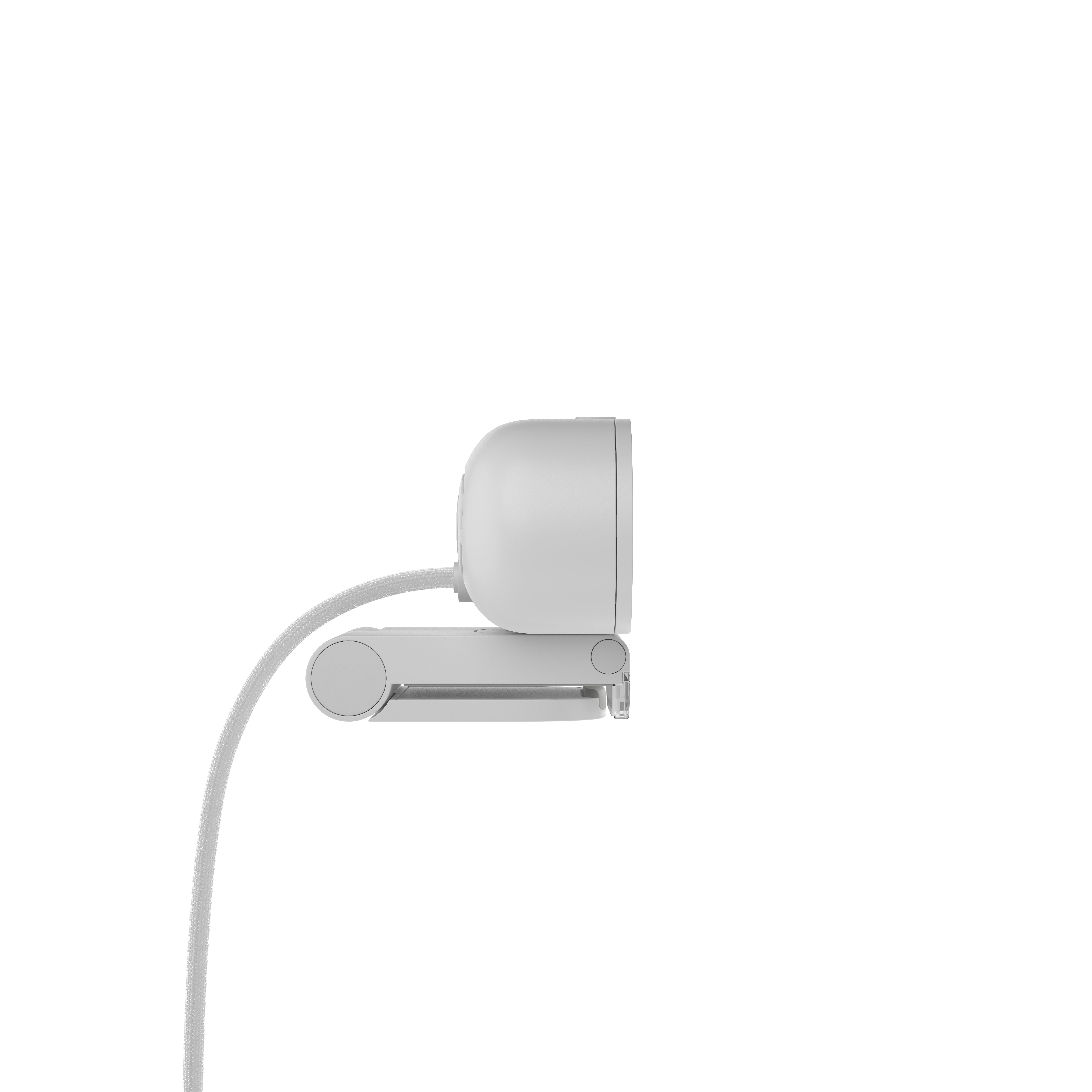 Weiße Webcam mit grauem Kabel, Seitenansicht, auf weißem Hintergrund montiert.
