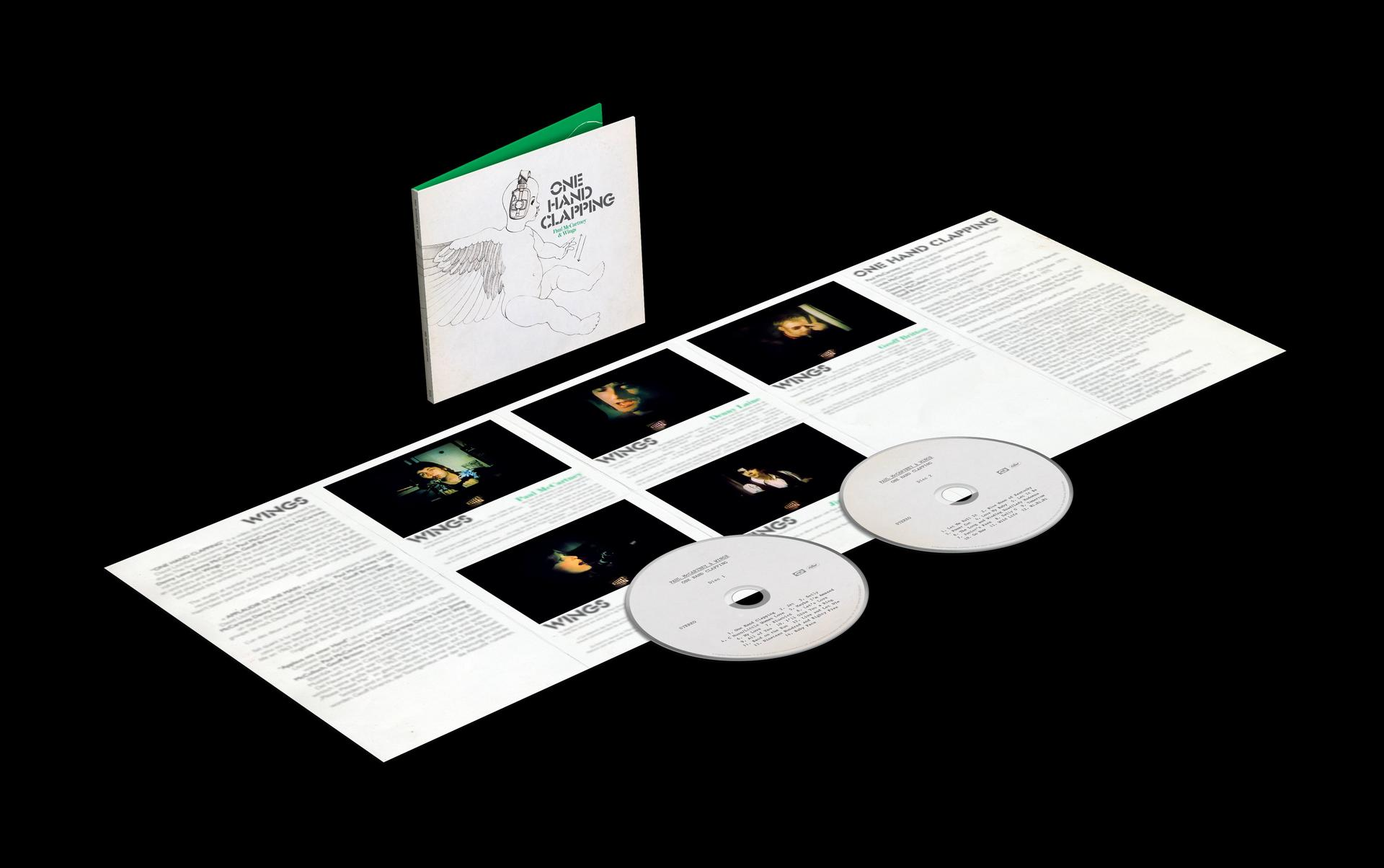 Albumcover und CDs von Wings' One Hand Clapping. Das Layout zeigt Album-Artwork und Titellisten.